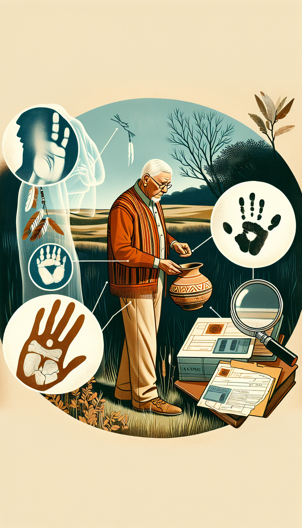 Amidst a rustic backdrop, a solemn figure of a Native American elder gently holds an ancient artifact, a delicate pottery shard, while overlaying translucent symbols of respect—handprints and feathers—merge with scientific tools like a magnifying glass and archival tags, symbolizing the convergence of preservation, respect, and careful identification of cultural treasures.