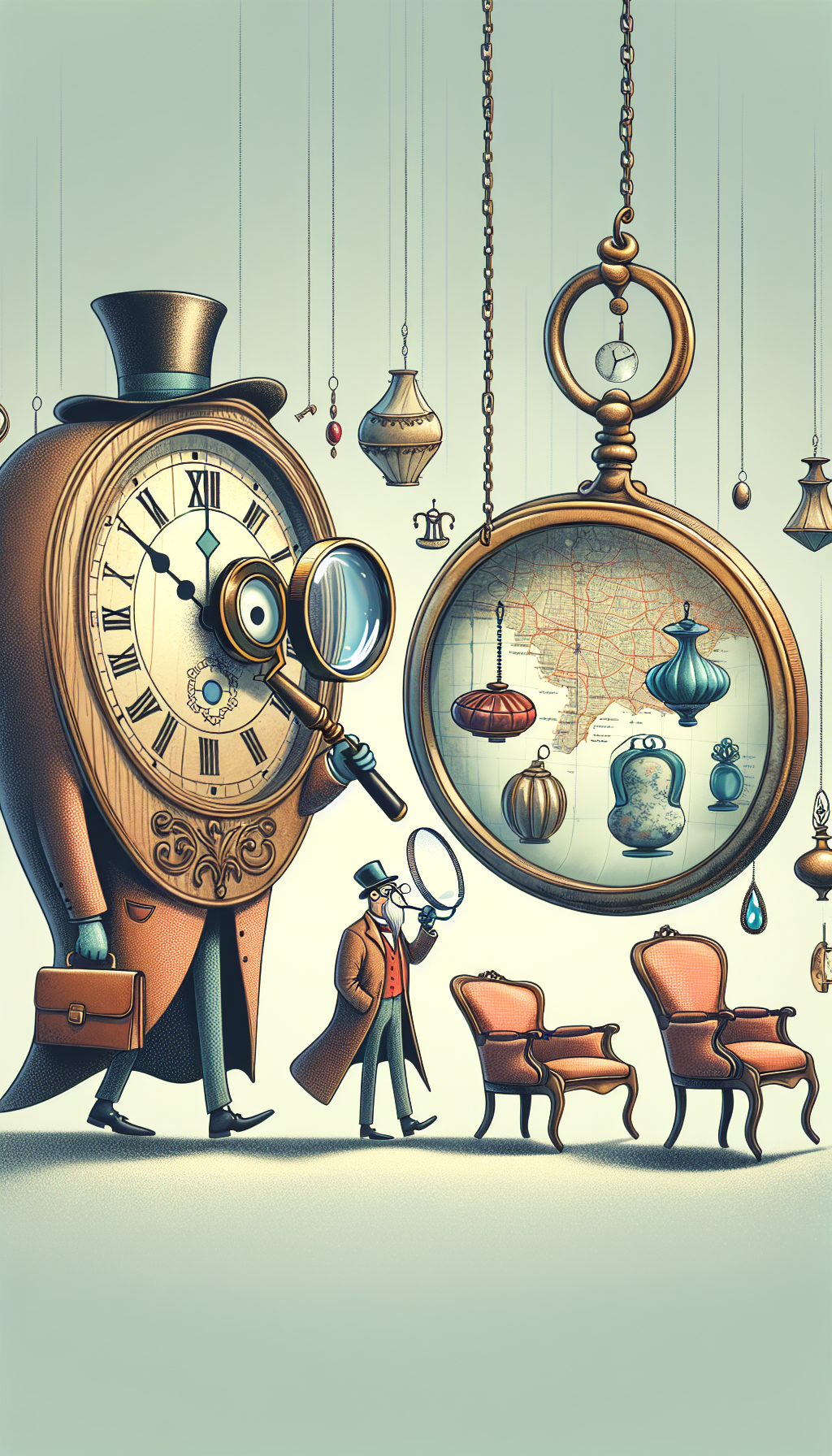 A whimsical illustration showcases an elder clock with a monocle, examining a line of eager antique chairs, vases, and jewelry as a sophisticated appraiser might. Above, a magnifying glass hovers, with a map inside pinpointing various nearby locations, symbolizing 'antique furniture appraisals near me.' The fusion of antique charm and modern search radiates the essence of preserving one’s heritage through expert valuation.