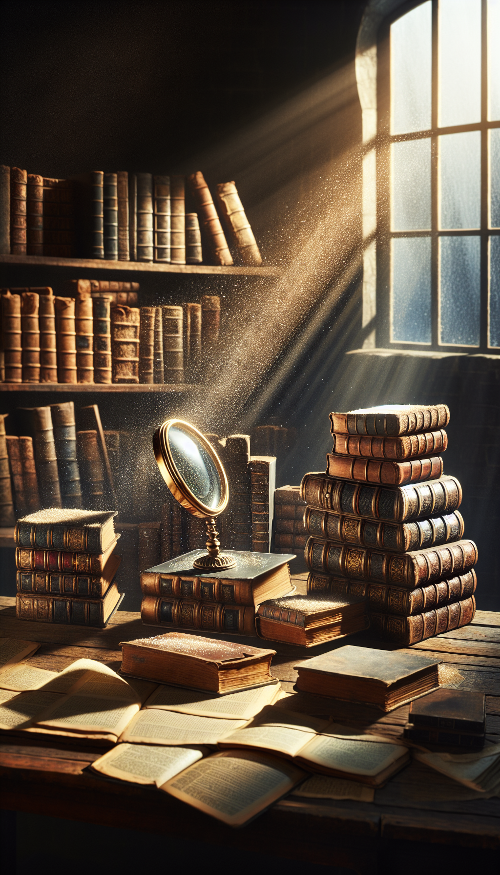 An antiquated desk with a magnifying glass hovering over a pile of ancient, leather-bound books, dust particles dancing in a beam of light. Beneath the glass, key factors like 'rarity,' 'condition,' and 'demand' glow as golden script across the tomes, symbolizing their value. Each book wears a price tag marked with these indicators, intertwining charm and appraisal.
