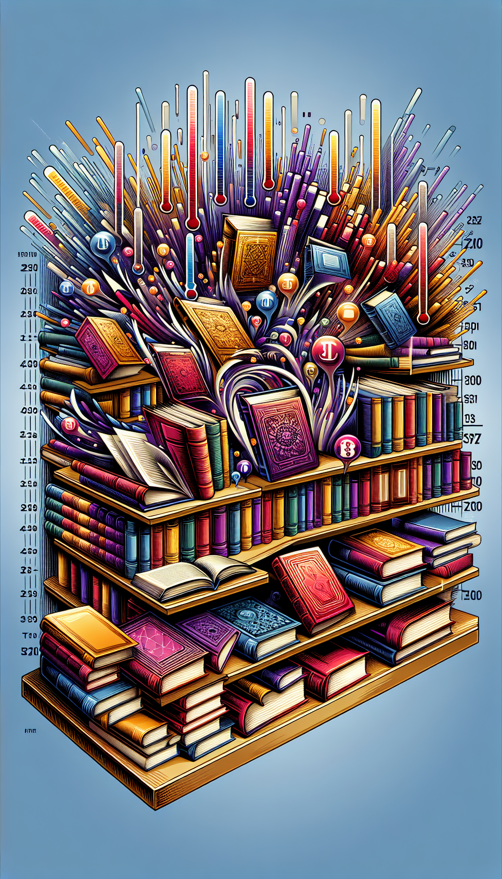An illustration depicting a vibrant bookshelf, with antique books stacked and adorned with price tags showcasing rising values, alongside a thermometer graphic that weaves through the shelf indicating 'hot' trends in genres, such as classic literature or vintage sci-fi. The styles of the books range from realistic to abstract, with occasional gilded edges shimmering to imply their worth.