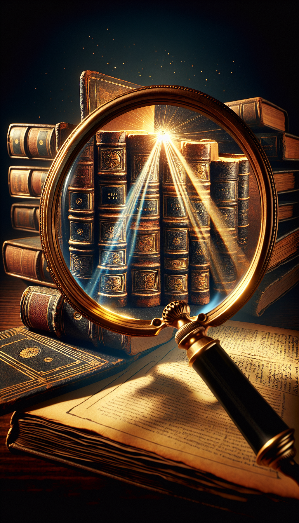 An antique magnifying glass hovers above a stack of timeworn leather-bound books, with a glimmer of gold highlighting the titles that hint at valuable first editions. Rays of light beam through the glass, striking key points—a signature, a date, a rare cover—illuminating the 'hidden treasures' in each, visually echoing the meticulous process of appraising old book collections.