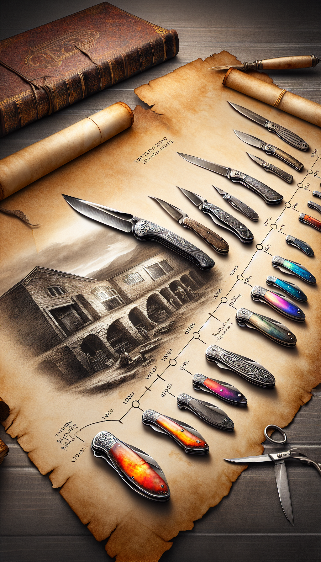An antique, textured parchment backdrop unfurls to showcase a timeline, with etched milestones depicting key historical moments of Case knives. At the start, a sepia-toned forge illustrates the brand’s inception. Along the timeline, a vibrant watercolor of rare, pristine Case knives glistens, highlighting their growing value, culminating in a shimmering, metallic 3D model of the most coveted vintage case knife.