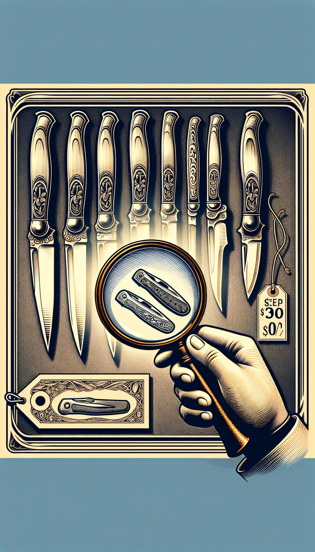 An illustration depicting an antique magnifying glass hovering over a series of vintage Case knives aligned chronologically, each with a different tang stamp glowing beneath. The oldest knife at the forefront is framed by an ornate price tag with a hefty sum, symbolizing its value, while visually blending art nouveau and flat design to contrast historical richness with modern simplicity.