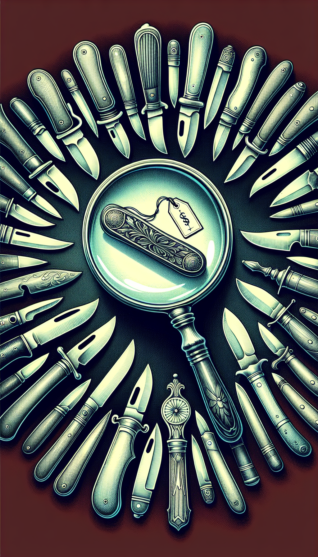 An illustration of an antique magnifying glass hovering over a diverse array of intricately designed old case knives, each glowing slightly to signify their unique features and rarity. One knife is prominently displayed with a price tag showing a high value, subtly hinting at its exceptional worth among its peers, encapsulating the marriage between rarity and value in vintage knife collecting.