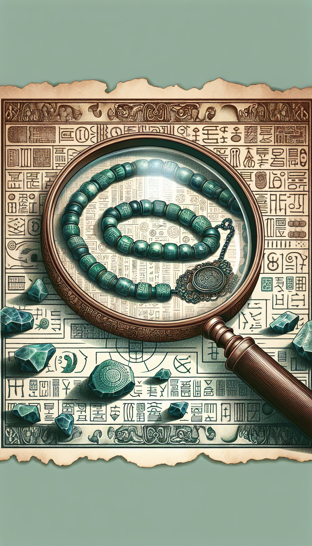 An illustration depicts an antique magnifying glass hovering over a detailed ancient jade necklace, revealing hidden patterns, hallmarks, and age-related characteristics. The glass splits the scene into two distinct art styles: photorealistic under the lens, symbolizing careful appraisal, and a stylized, almost hieroglyphic background that conveys the enigmatic history of the jewelry.