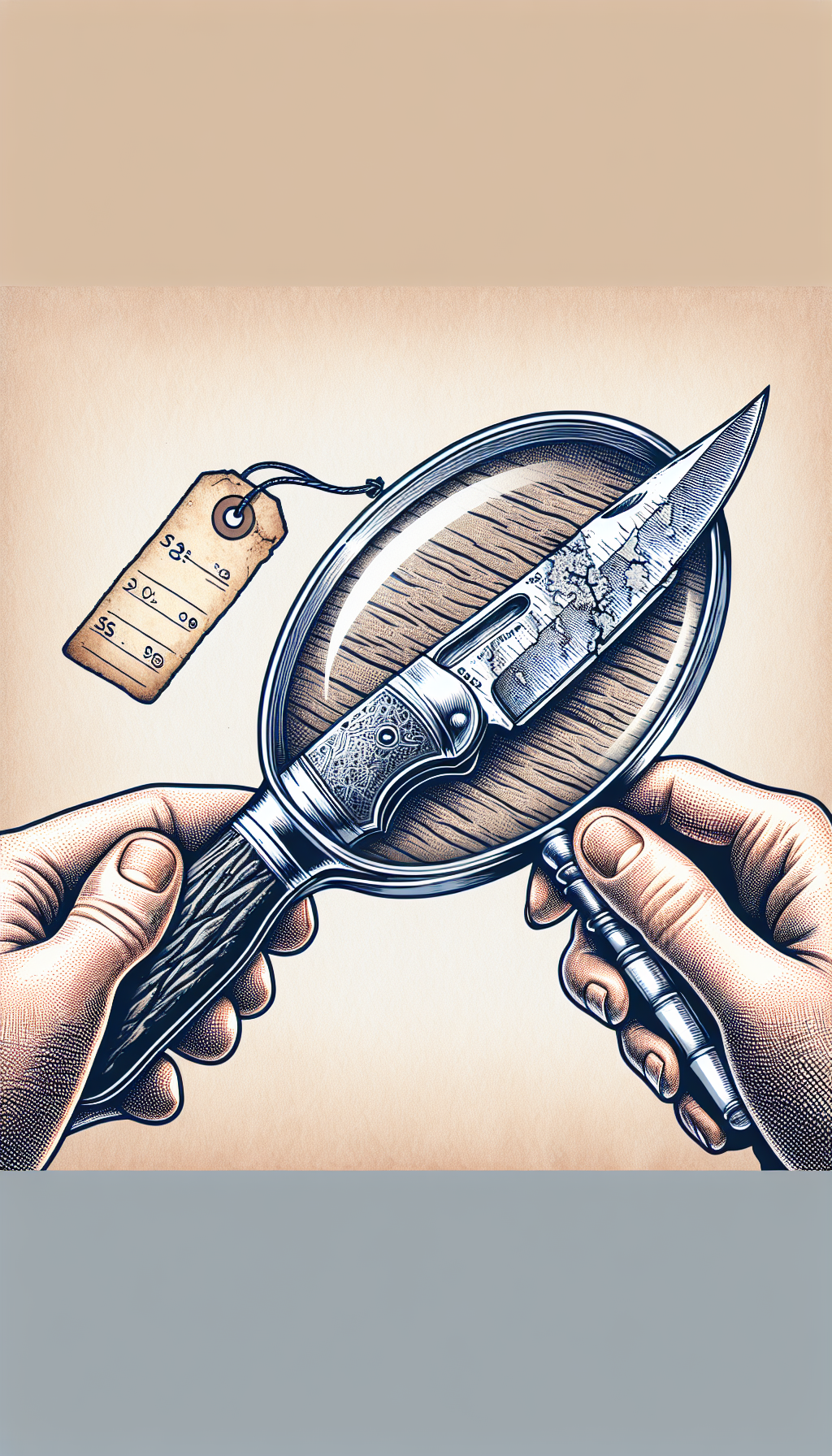 An intricately detailed illustration features a magnifying glass held above a vintage Case knife, juxtaposing a pristine blade against a rusted one. Texture contrasts illustrate quality, while a faded price tag dangles from the handle, whispering of its high value. Background styles oscillate between crisp line art for the knife and watercolor blurs for a timeless aesthetic.