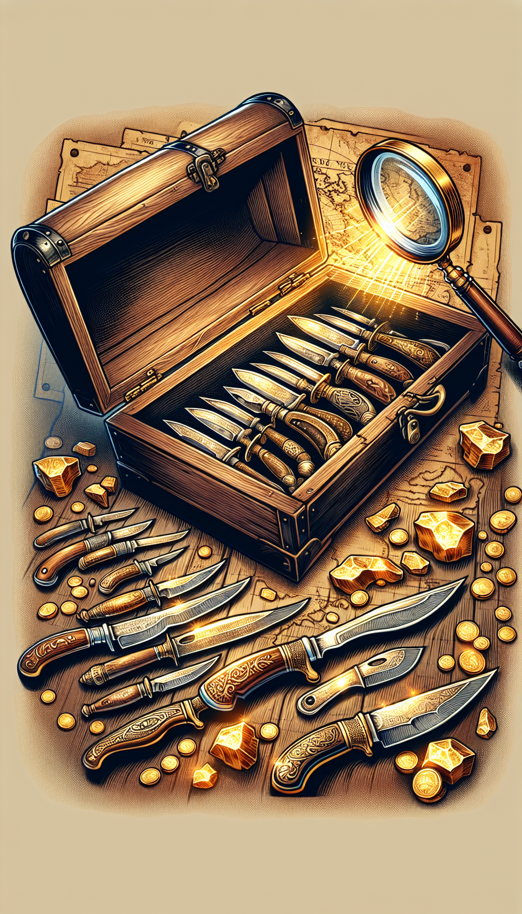 An illustration of an antique wooden treasure chest overflowing with glinting vintage Case knives, each blade reflecting hints of gold nuggets. A classic magnifying glass hovers above, focusing attention on a prominent, intricately designed knife. Styles vary from realistic etchings of the knives to cartoonish gold sheens, accentuating their collective value amidst a faded map background hinting at a quest for appraisal and sale.