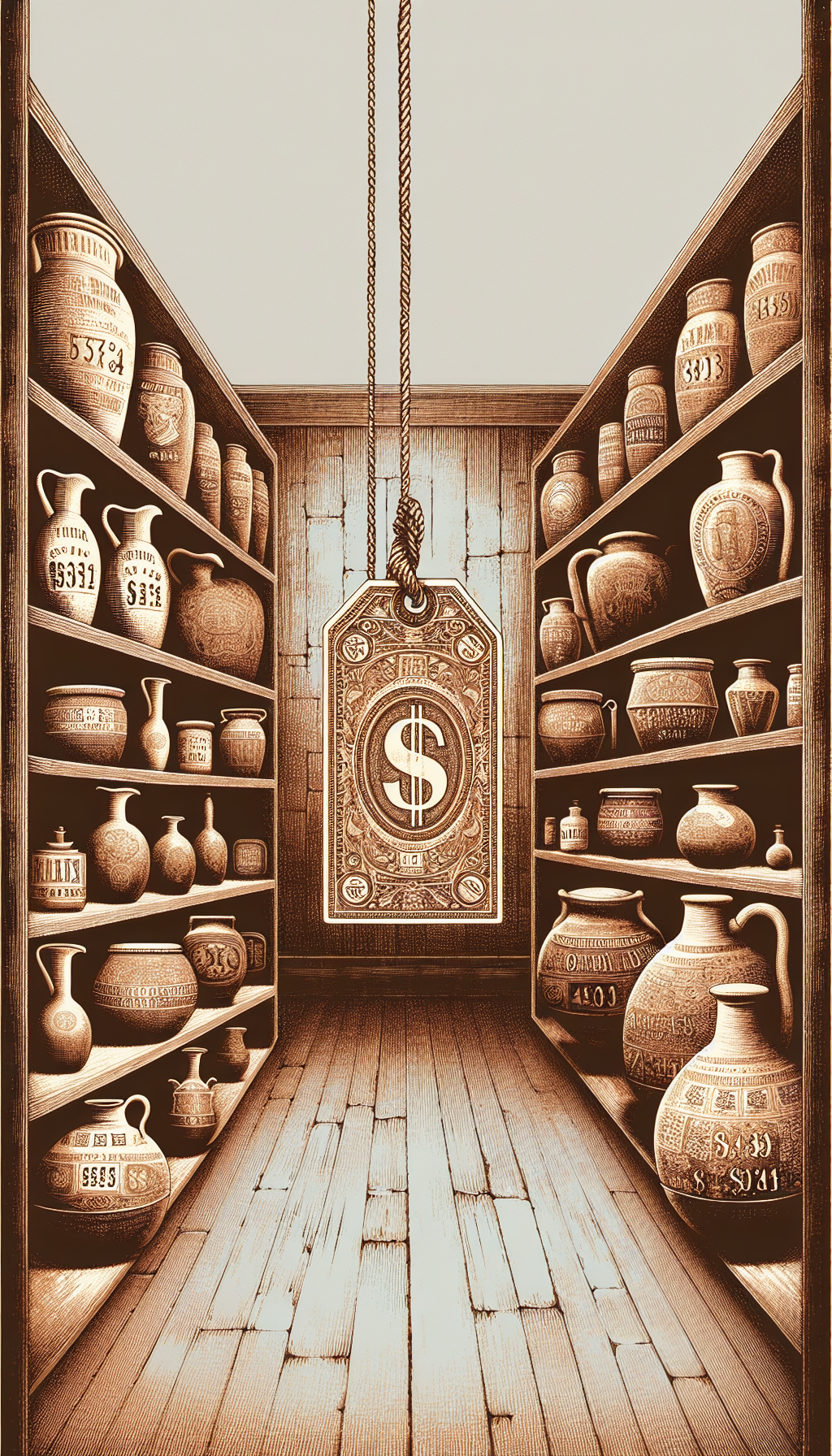 An illustration depicts a rustic, sepia-toned gallery, with shelves of vintage crocks and jugs of varying shapes and sizes; each piece is etched with significant historical dates and emblems. A centered, ornate, old-fashioned price tag dangles with a shimmer, subtly reflecting their unexpected worth, blending the artifacts' age with their current allure, as dollar signs subtly merge with the intricate patterns.