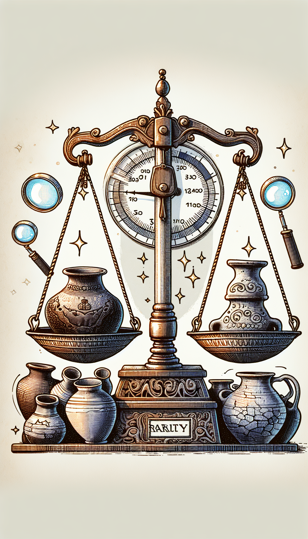 An antique 'value-o-meter' scales balance delicately, with pristine, rare crocks on one side and common, worn jugs on the other. The meter's arrow oscillates between 'High Value' and 'Low Value', with subtle hints such as magnifying glasses scrutinizing crack patterns and rarity stars glinting on the rarer pieces. The illustration fuses line art with watercolor textures, embodying a vintage yet vivid aesthetic.