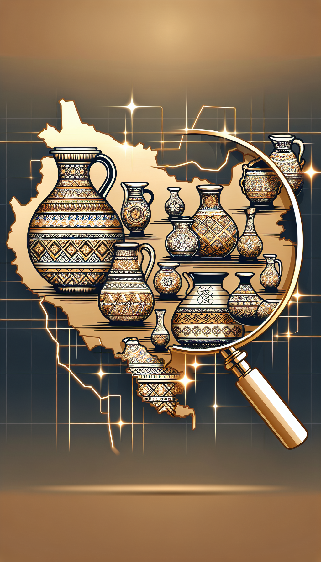 An illustration depicting a stylized map with various antique crocks and jugs perched on top of key geographical regions; each crock displays distinct patterns or motifs symbolizing the local style. The map is intertwined with golden lines symbolizing the fluctuation in value, and a magnifying glass hovers over a particularly ornate crock, highlighting the concept of regional influence on antique value.