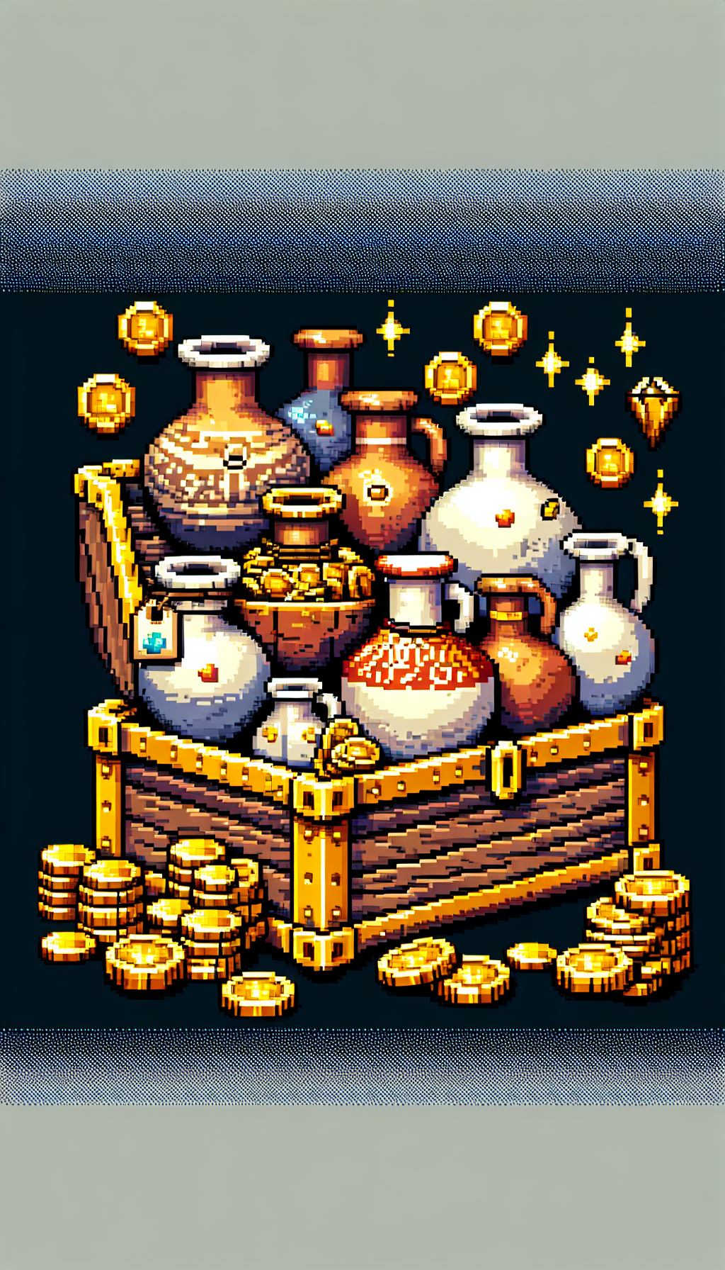 A pixel-art treasure chest overflows with an assortment of vintage crocks and jugs, among sparkles of gold coins and gems. The juxtaposition of the simple, rustic pottery with the opulence of treasure conveys the hidden value of antiques. A pixelated price tag dangles from a particularly grand jug, emphasizing the potential monetary gain from these items.