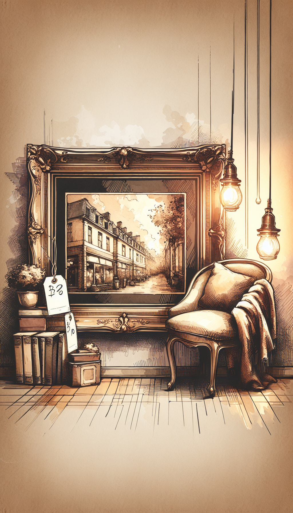 An illustration of a cozy room corner, adorned with an ornate vintage frame showcasing an old sepia-toned streetscape, commands attention amongst mid-century furniture. The frame is backlit, casting a warm glow, while art auction price tags dangle discreetly from the picture, symbolizing the hidden value of classic interior images. The scene merges watercolor warmth with crisp ink lines, marrying past elegance with present worth.