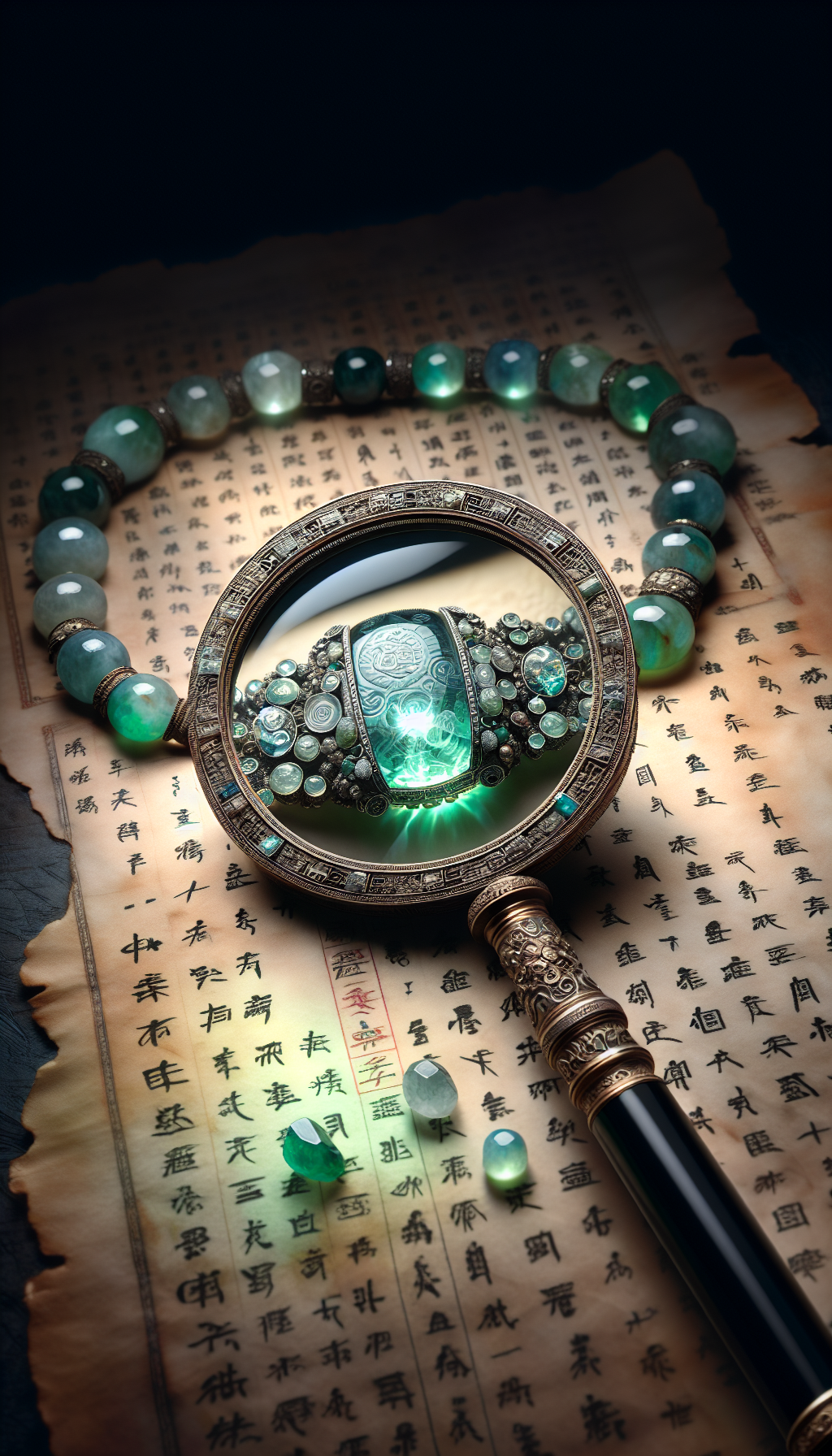 An intricate magnifying glass hovers over an ornate jade necklace, refracting light to reveal a tapestry of historical symbols and authentication marks within its gemstones, set against a backdrop of faded parchment inscribed with ancient Chinese characters. The necklace gleams with a subtle glow, symbolizing its verified antiquity and value.