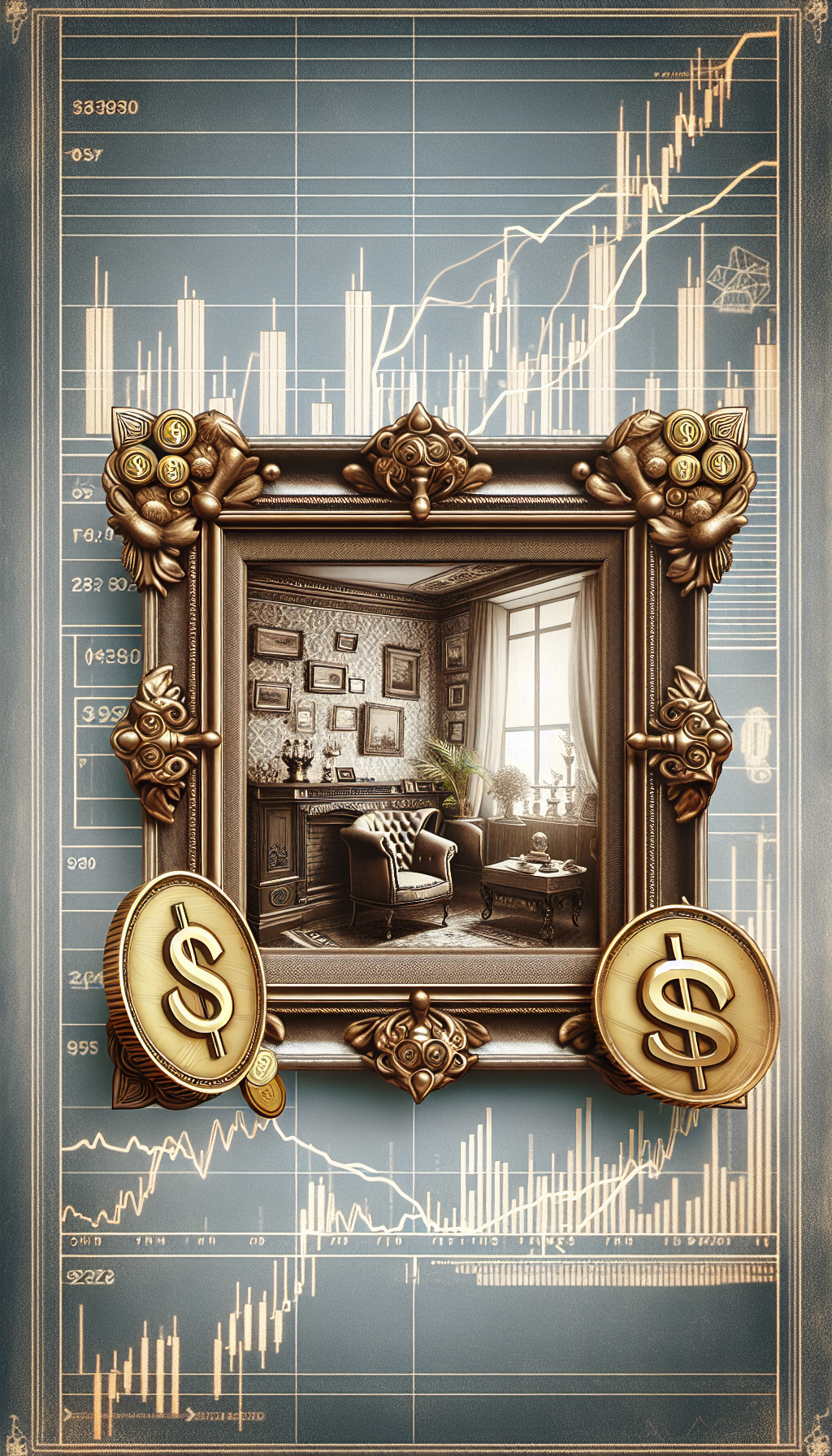 An illustration of an opulent vintage photo frame, encasing a nostalgic sepia-toned interior scene, rests against a backdrop of modern financial graphs and symbols. The frame is adorned with symbolic flourishes such as dollar signs and candlestick stock charts, highlighting the fusion of history and investment, while small golden coins subtly replace the usual ornate detailing to signify the hidden value of old home interior pictures.
