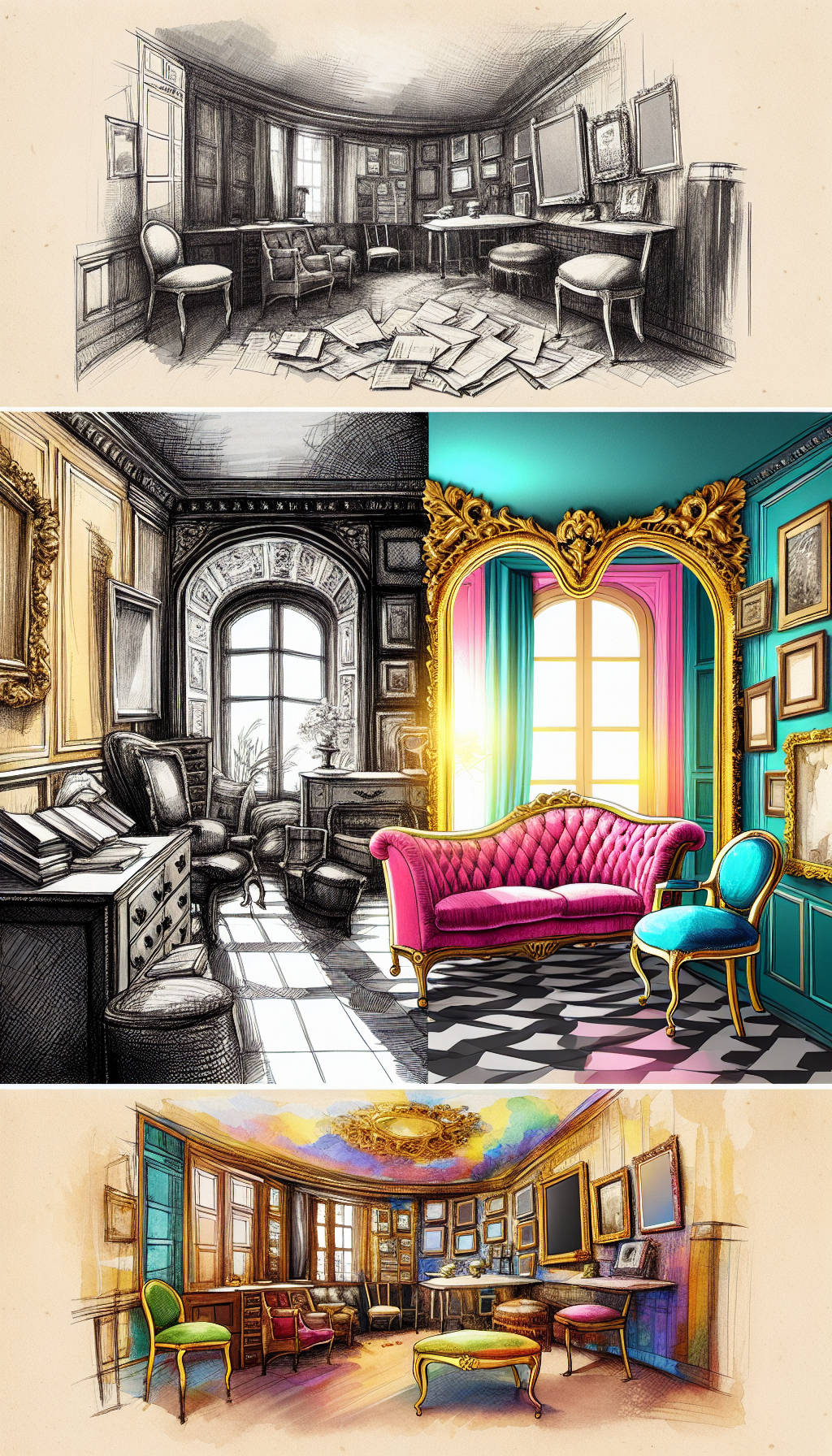 An illustration split down the middle: on one side, a grayscale, detailed sketch of a drab, outdated room; on the other, the same space transformed in vibrant watercolors showcasing modern furnishings accented with antique frames and vintage decor. The juxtaposition highlights the value of blending historic charm with contemporary design, each side connected by a gilded mirror reflecting both eras.