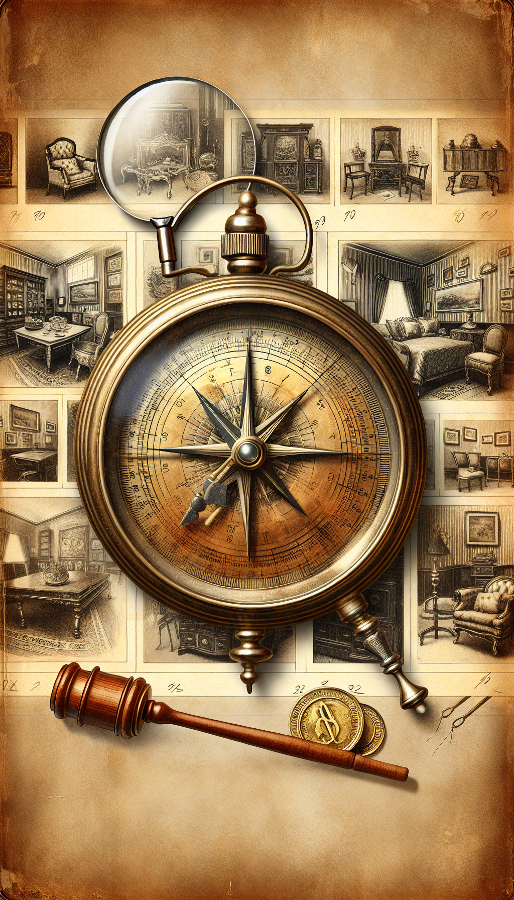 An antique compass layered over a collage of sepia-toned vintage interior photographs, with a magnifying glass highlighting the price tag on one image, and a gavel beside it to represent the auction process. The compass needle points towards a golden coin symbol to signify the value aspect. The styles vary from realistic renderings to pencil sketches, creating a diverse visual journey.