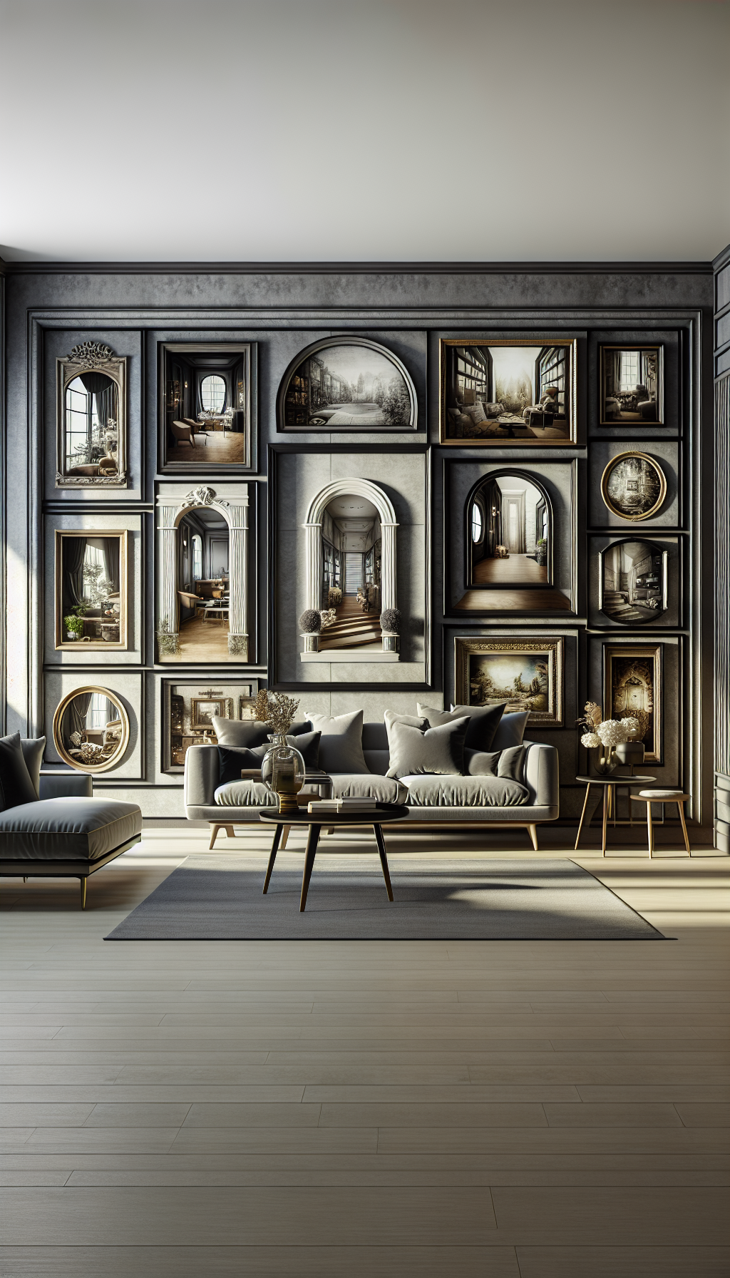 An illustration showcasing a sleek modern living room where segments of the walls act as windows into different historical eras, with antique-styled frames encompassing each one. Each frame reveals a classic scene from a bygone era, reflecting the rich value of old interior images, while the juxtaposition with contemporary furnishings emphasizes the timeless elegance they bring to the space.
