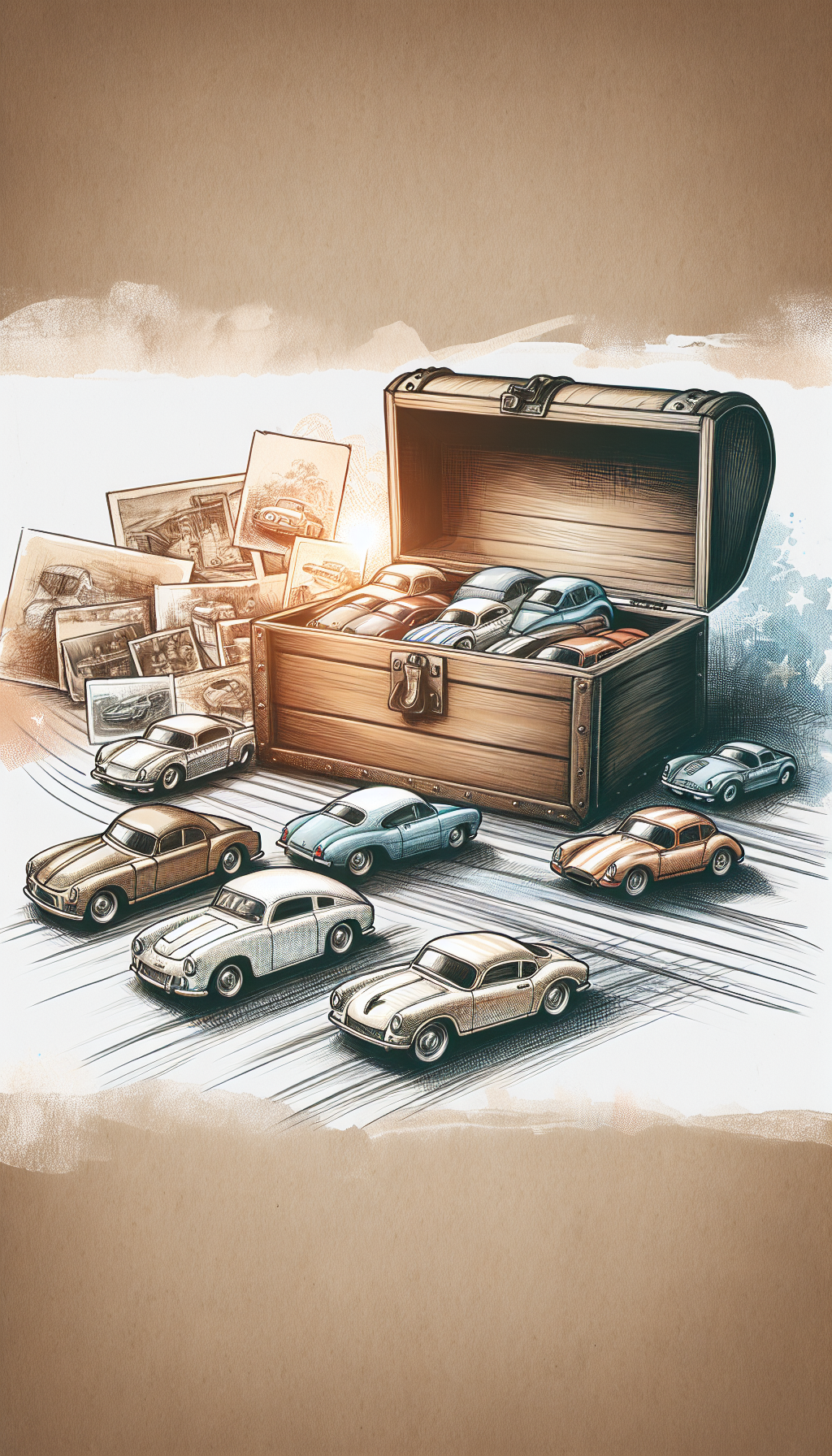 An illustration depicts a vintage wooden treasure chest, slightly ajar, casting a warm, nostalgic glow. Inside, a collection of pristine, classic matchbox cars is revealed, each positioned as if revving up on a track that weaves through old photographs and antiques, symbolizing their journey through time. The cars, highlighted in a sketch-like, cross-hatch style, contrast with the soft watercolor backdrop of memories.