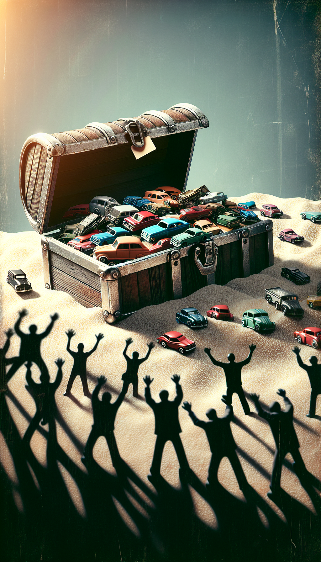 An illustration depicts a vintage treasure chest overflowing with rare Matchbox cars, each enshrined with a glimmering price tag, on a backdrop of a bustling collector's market. The chest, half-buried in sand, suggests their hidden worth, while bystanders, styled as silhouetted shadows, reach eagerly towards it, highlighting their coveted scarcity.