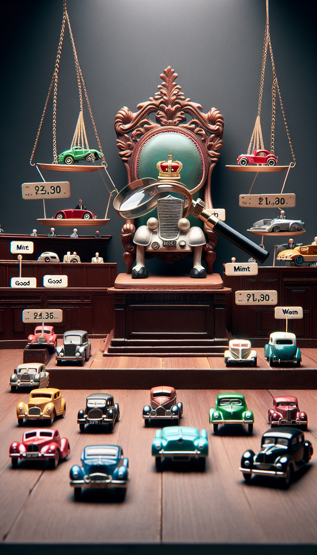 In the illustration, a regal courtroom scene unfolds with a whimsical twist: an anthropomorphic Matchbox car sits atop a majestic throne, a jeweler's loupe for a crown, presiding over a queue of vintage toy cars. Each car awaits its verdict, with condition indicators (mint, good, worn) floating above as court titles, while price tags dangle from their rearview mirrors, suggesting their value.