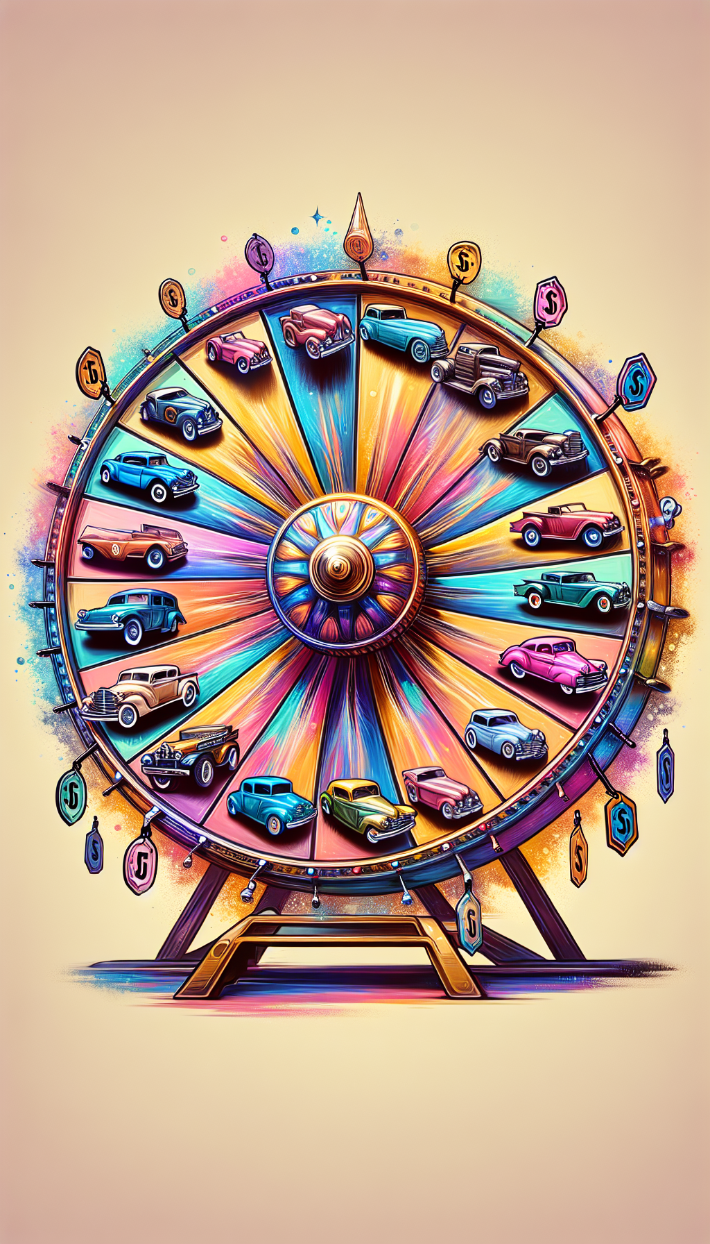 A vibrant and nostalgic illustration showcases a glimmering, oversized Matchbox car wheel, spinning like a fortune wheel, with rare vintage Matchbox models as the prizes on its spokes. Each segment is stylized with a distinct, whimsical look ranging from watercolor pastels to gritty comic art, with price tags dangled from mirrors to hint at their increasing collectible value.