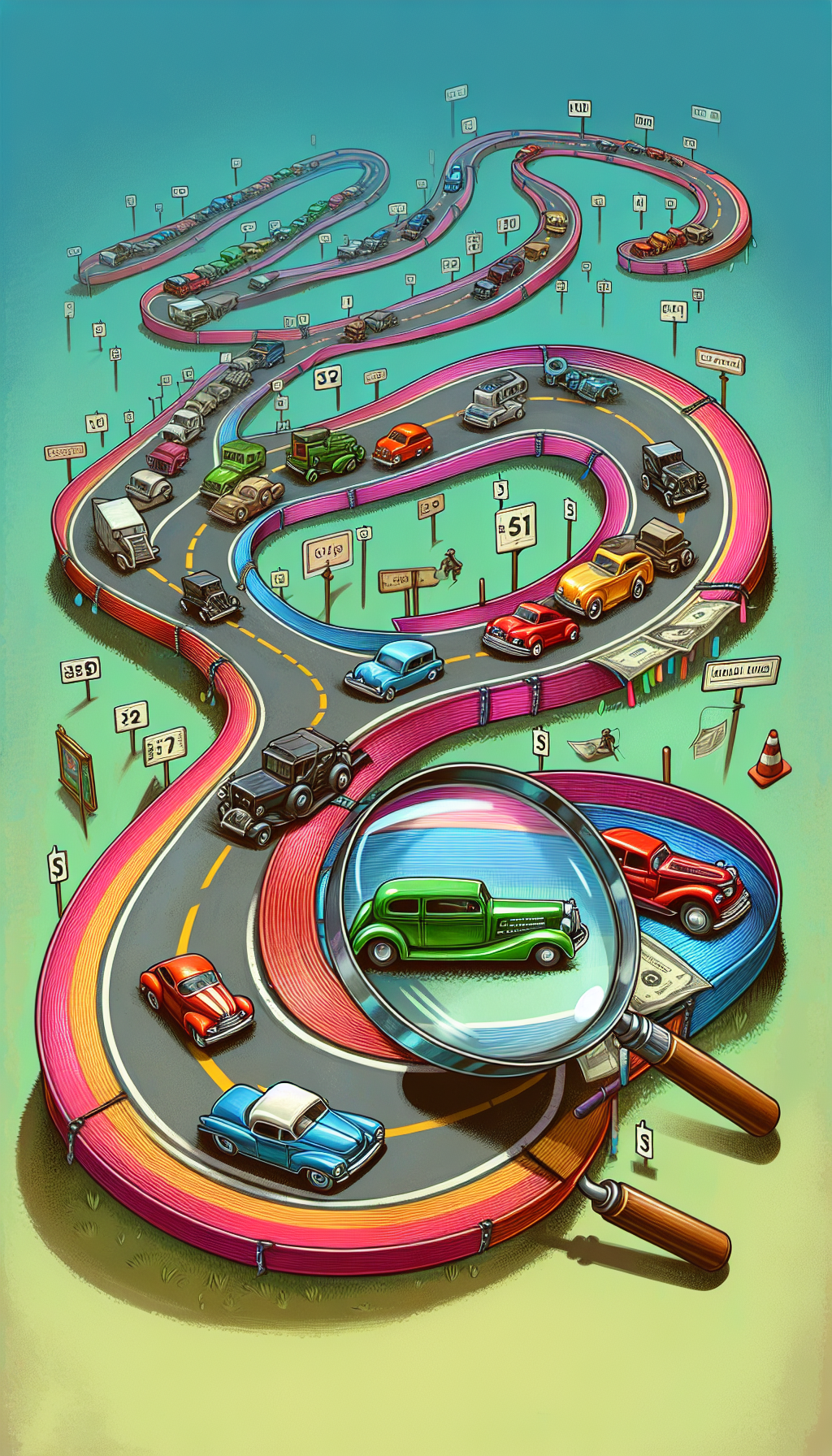 An illustration depicting a colorful, winding road map unfurling like a ribbon with various stops labeled as vintage stores, flea markets, and online auction sites. Vintage matchbox cars journey along the route, increasing in size and detail (value) as they near the end, where a giant magnifying glass highlights their price tags at a bustling collectors' market.