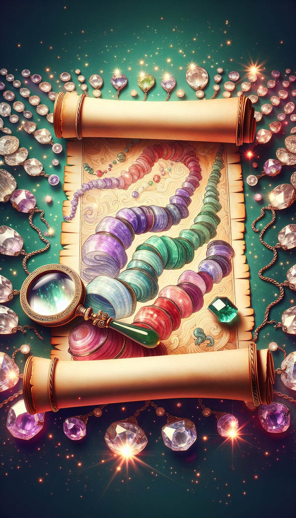 An illustration depicts a whimsical ancient scroll unfurling to reveal various shades of jade, each color flowing into the next—emerald green, lavender, red, and white. Perched atop, an antique jeweler's loupe magnifies a classical jade necklace, illuminating the intricacies and value, symbolizing appraisal amidst a constellation of shimmering faceted jade jewels in the background, forming a timeline of a bygone era.