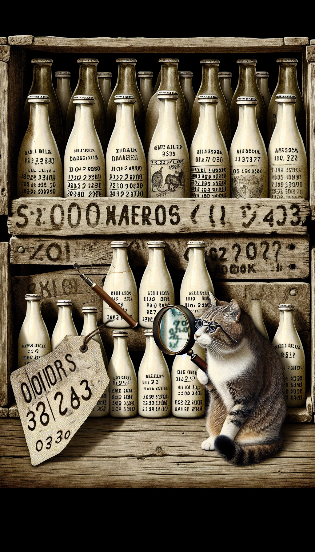 In the illustration, a curious cat adorned with a magnifying glass peers into a rustic wooden crate brimming with vintage milk bottles, each etched with dates and dairy names from various eras. Behind it, a shadowy price tag looms, symbolizing the hidden value of these antiques, with typography morphing from an old-fashioned milk splash to modern digital numbers.