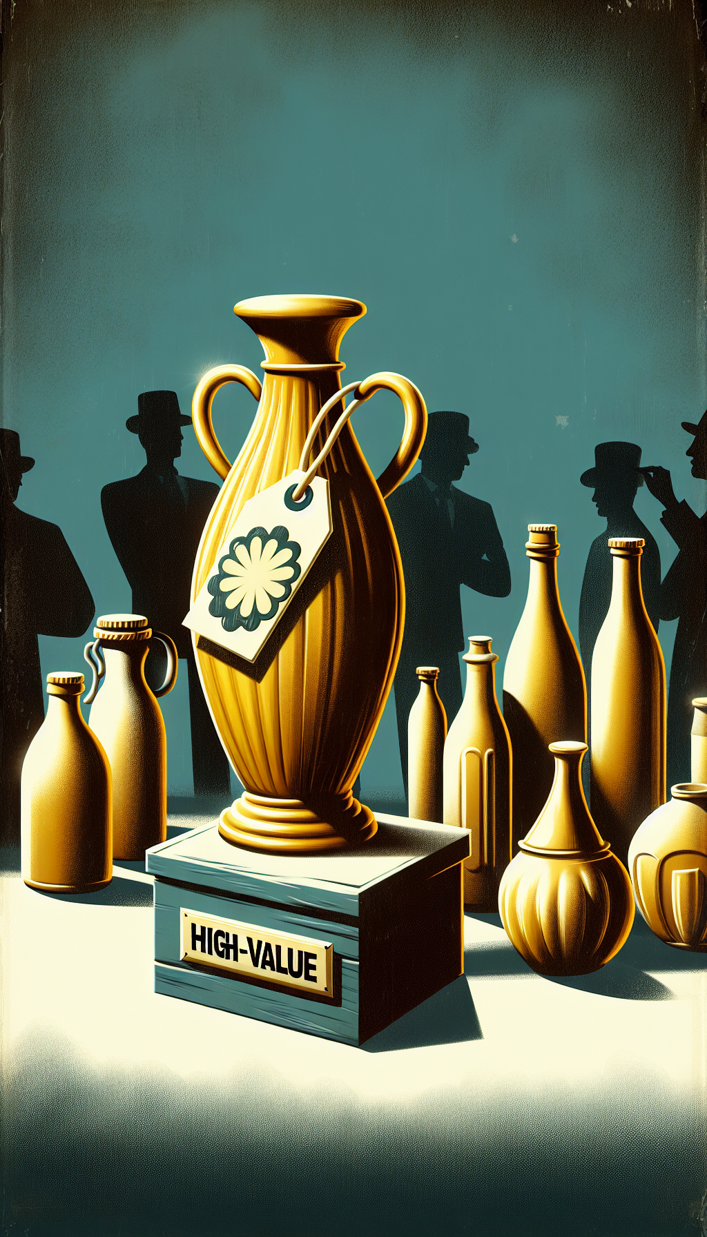 An illustration depicting a vintage, golden-hued trophy-style milk bottle, labeled "High-Value", stands atop a pedestal surrounded by various classic milk bottles of different shapes and sizes. Shadowed figures of collectors with magnifying glasses scrutinize the bottles, hinting at their search for precious antiquities, while a price tag shaped like a cream swirl hangs off the trophy bottle's neck.