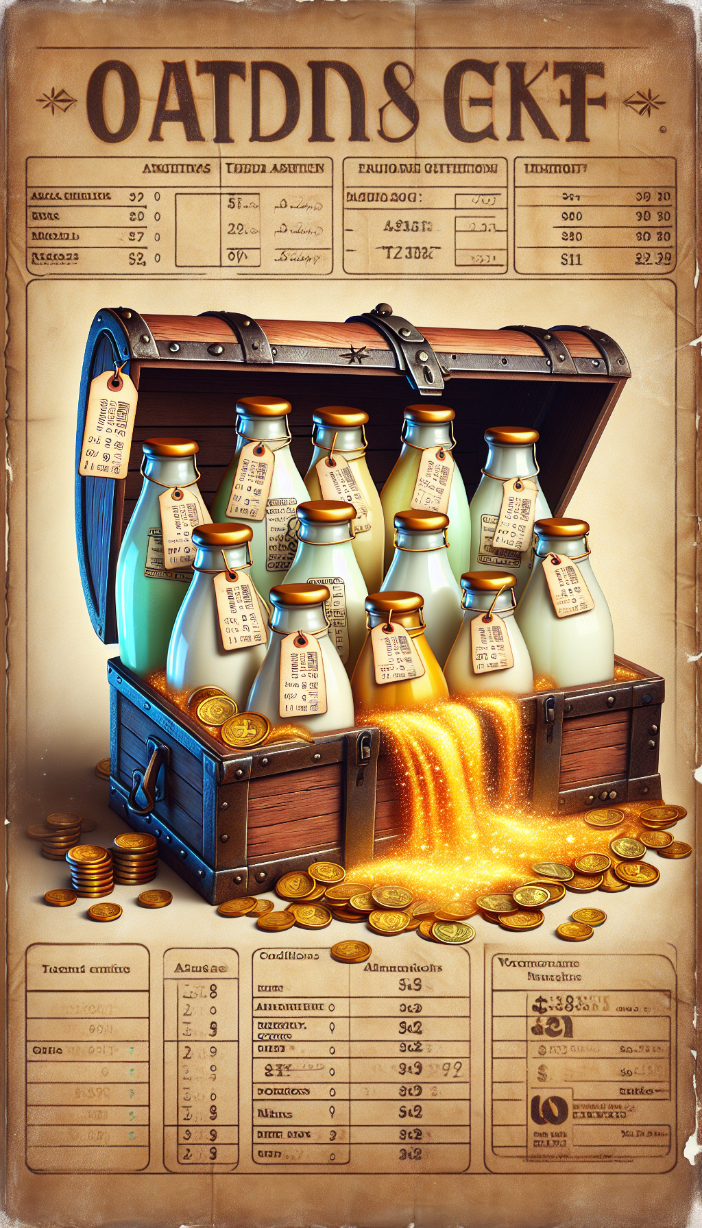 A vintage, parchment-style background hosts an overflowing treasure chest of antique milk bottles, each labeled with factors affecting their value: rarity, condition, age, and history. Glistening golden milk cascades from the bottles, with coins and price tags mingling in the flow. The illustration blends a cartoonish style for the chest and realism for the bottles, emphasizing the fusion of nostalgia and worth.