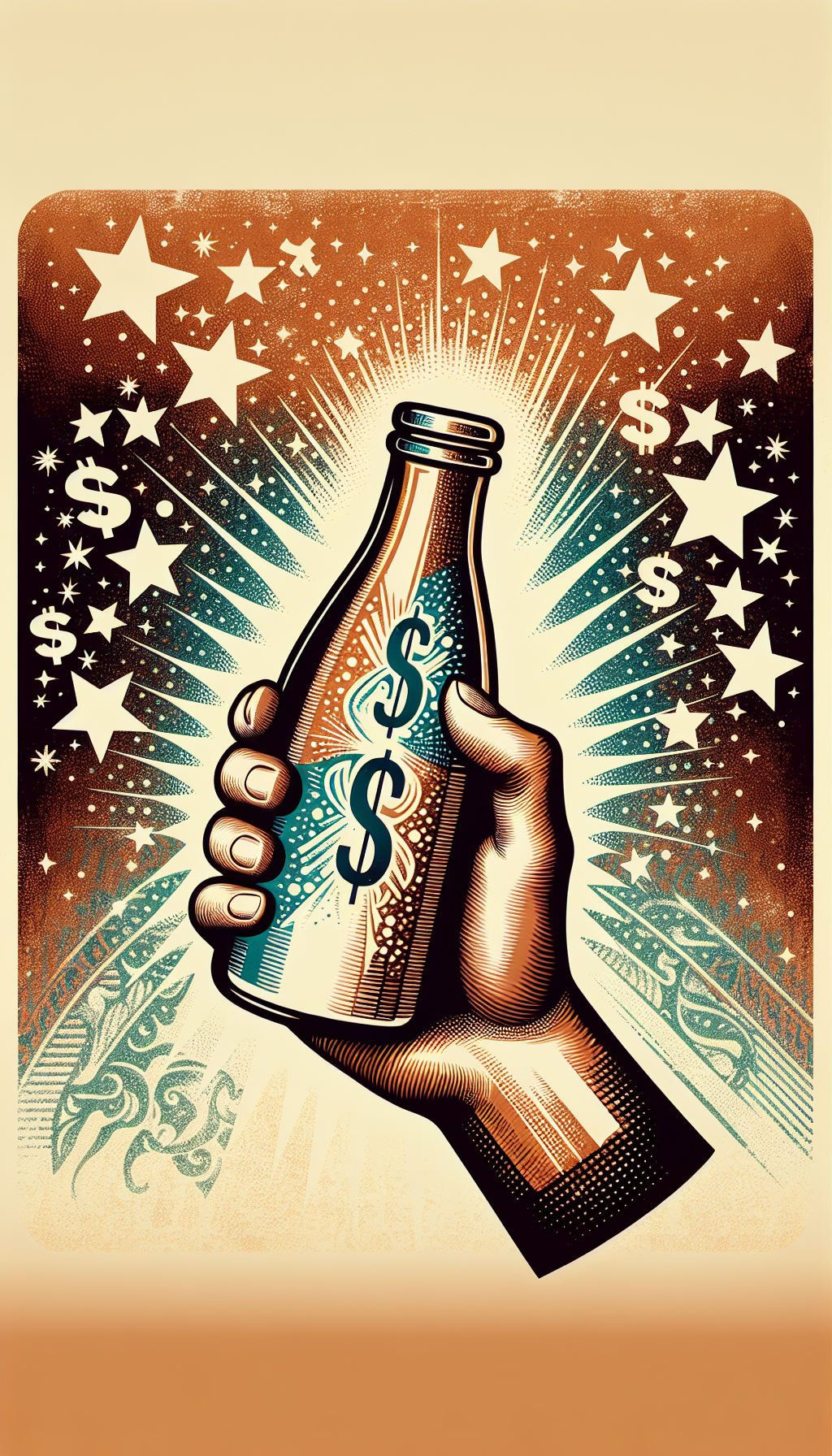 An illustration showcases an elegant hand holding a vintage milk bottle aloft as if clinking glasses in a toast. The bottle is surrounded by twinkling stars and a transparent overlay of ascending dollar signs, symbolizing its rarity and value. The style transitions from sepia tones at the bottom—portraying historical significance—to vibrant colors at the top, indicating the bottle's cherished status in modern collecting.