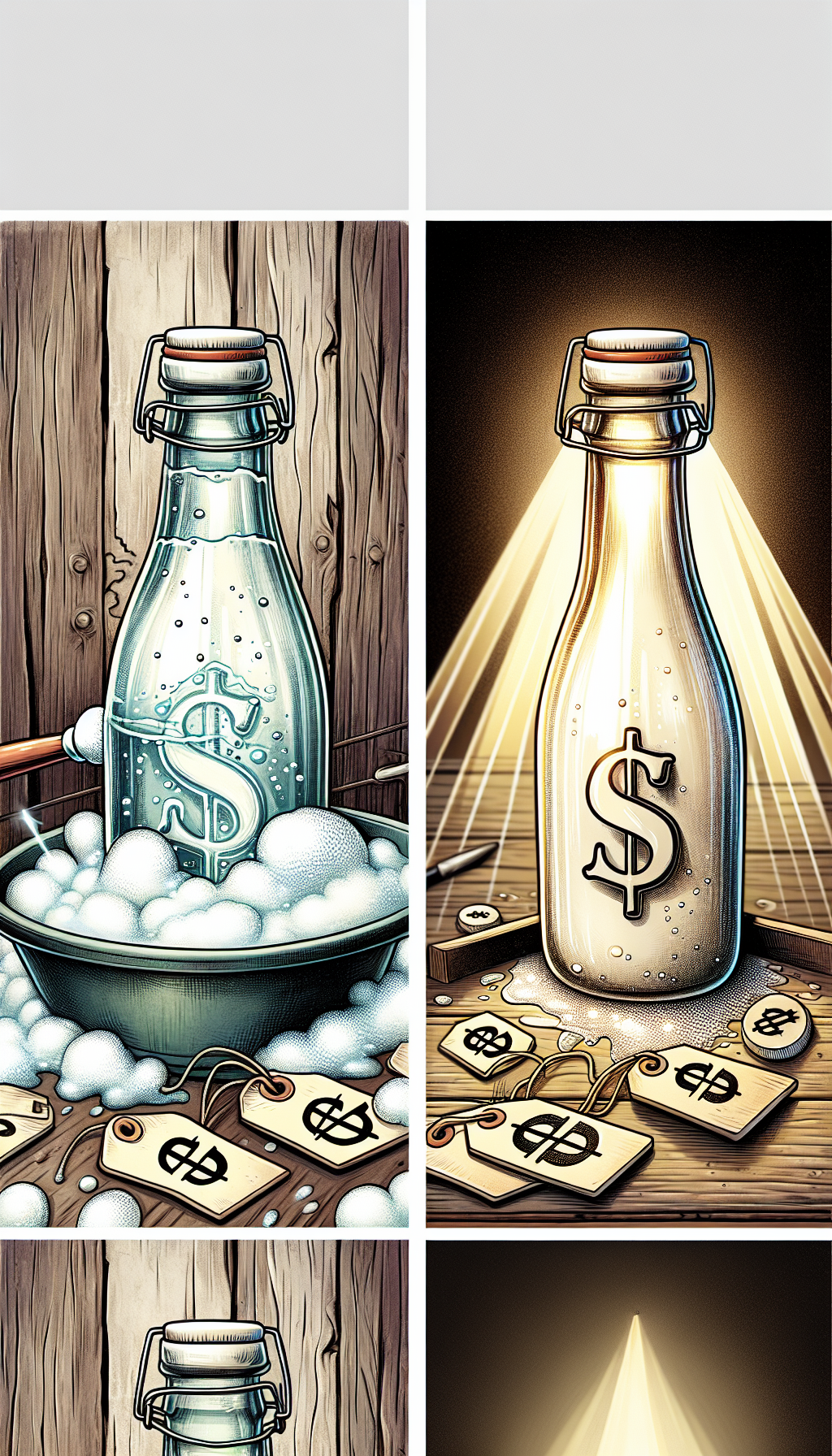An illustration depicts a gleaming, vintage milk bottle, half submerged in soapy water against a rustic backdrop, transitioning to a spotlighted display on an antique wooden shelf. Surrounding the bottle are small tags with dollar signs, subtly implying its value, while soft, nostalgic tones and distinct line art styles differentiate the cleaning and showcasing sections.