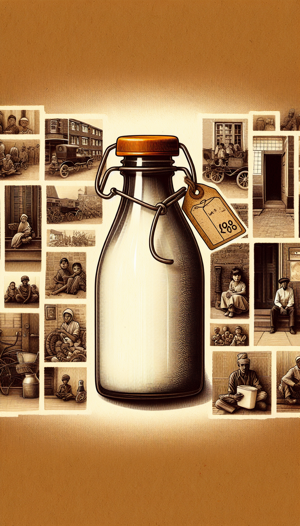 An evocative collage of sepia-tinted scenes clusters around a central, vibrantly colored, old-fashioned milk bottle. A ghostly overlay of dated price tags dangles from the bottle's neck, symbolizing the fluctuating values of these artifacts. Each vignette showcases a moment in history—a milkman on his route, children on a doorstep—tying the humble milk bottle to its enduring cultural legacy.