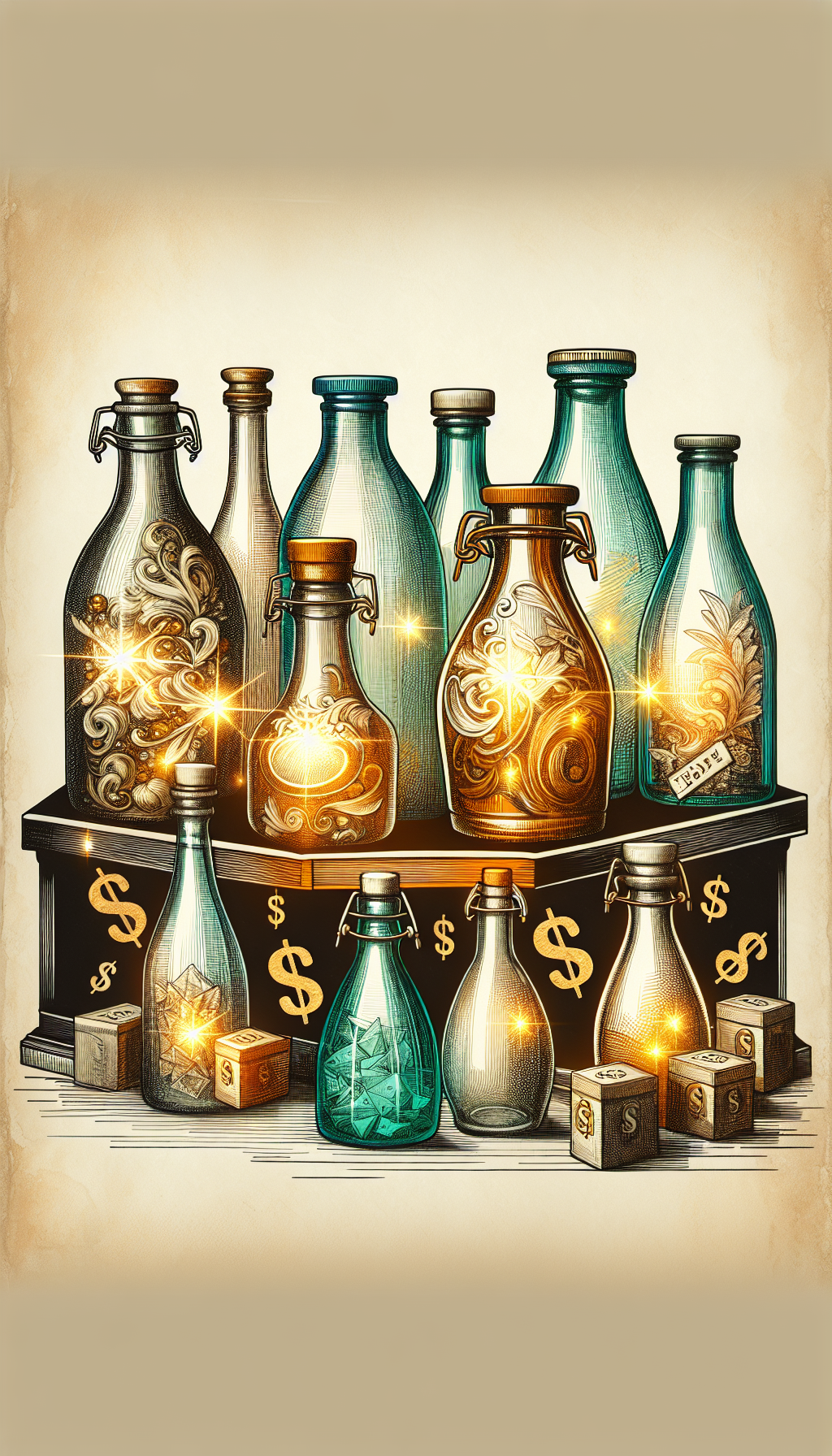 A vintage-inspired collage features old milk bottles of varying shapes and colors, with shimmering golden highlights and price tags floating above each, hinting at their high values. The richest, rarest bottles are perched atop a pedestal, spotlighted like precious gems in a museum. The eclectic drawing style mixes photorealism for the bottles with whimsical, hand-drawn currency symbols and dollar signs swirling around.