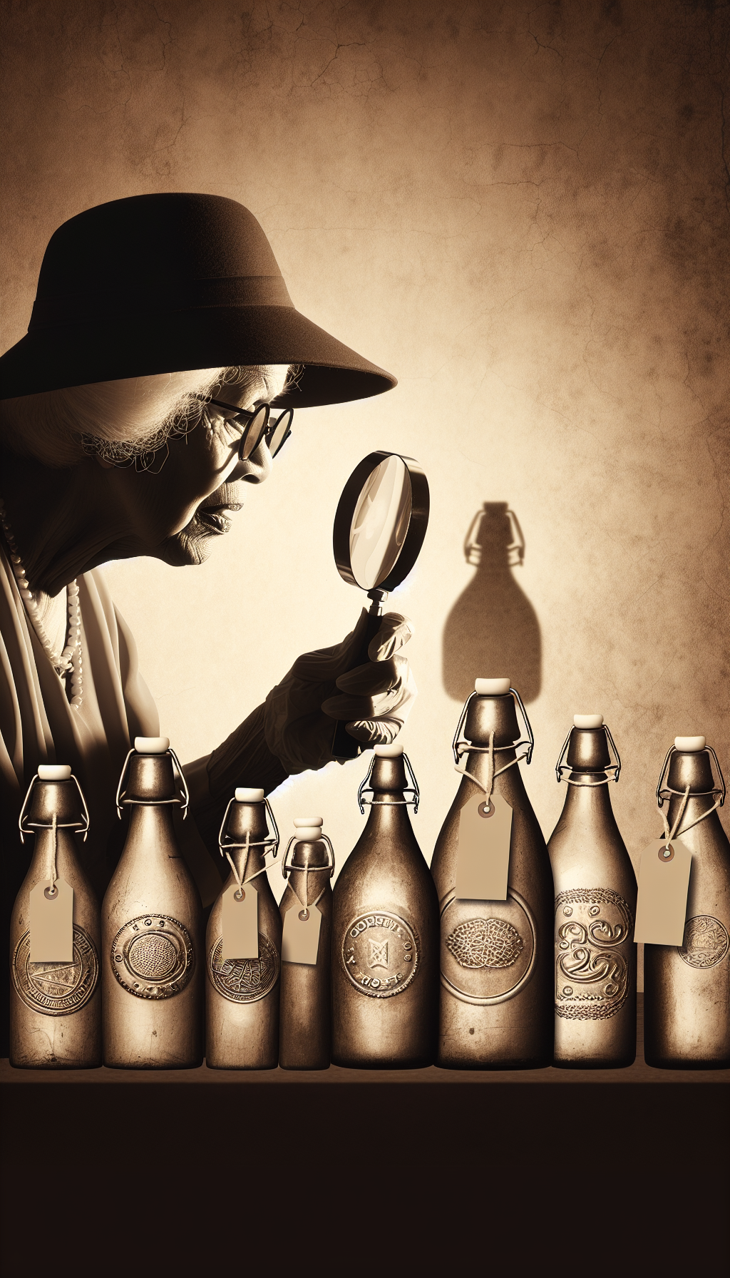 A whimsical, sepia-toned illustration depicts a detective magnifying glass in hand, scrutinizing a lineup of antique milk bottles bearing various embossed markings, each with a price tag dangling to signify their values. The shadow of the detective reveals a mysterious figure resembling a vintage milkman, symbolizing the search for the bottles' origins and authenticity.