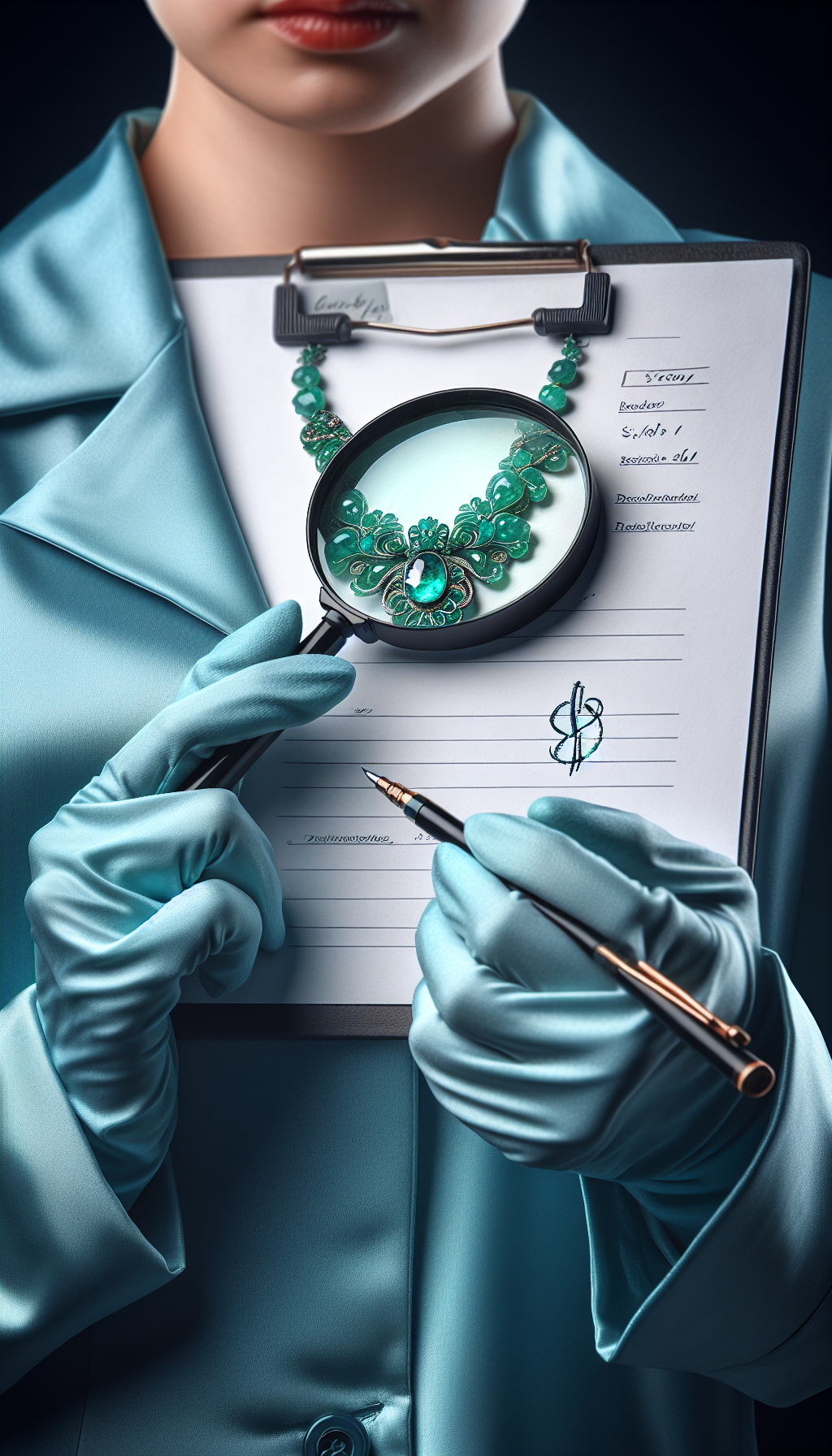 A magnifying glass held by an elegant gloved hand (to denote professionalism) zooms in on a radiant, ornate jade necklace, with the magnification revealing intricate details and shimmering aspects of the piece. Through the lens, expert notes and dollar signs, subtly sketched in a classic script, float beside the jade, symbolizing the appraiser’s specialized valuation insight.
