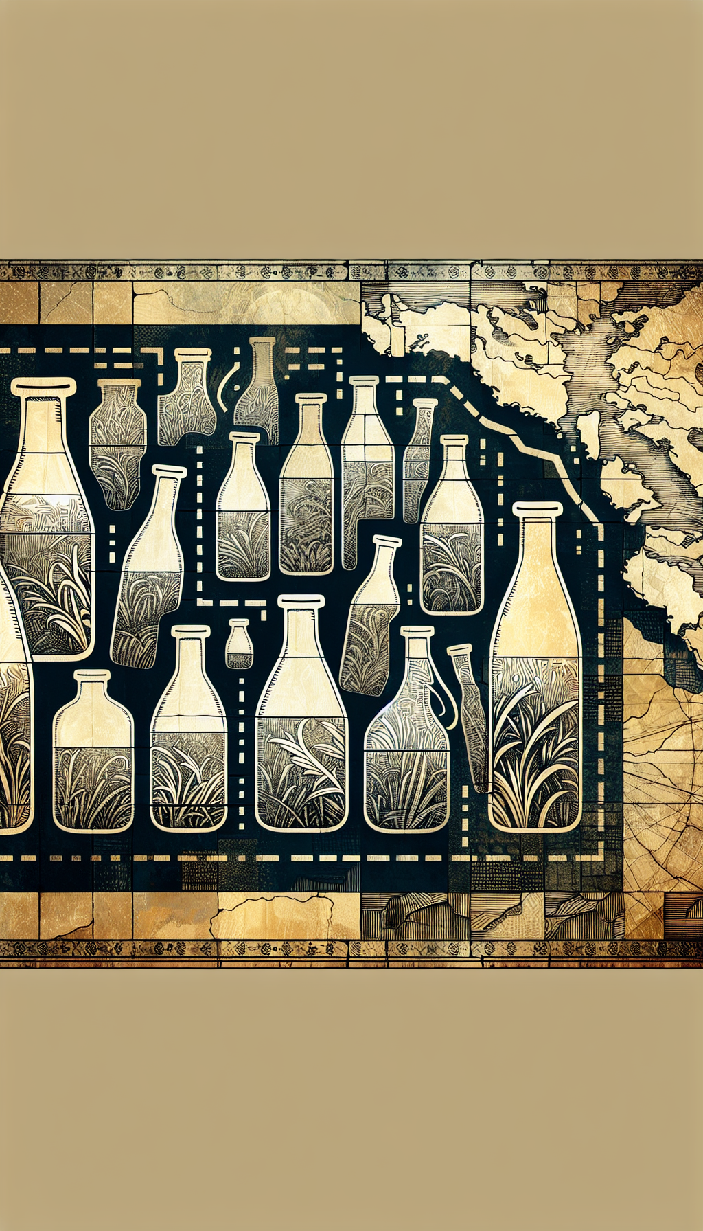 An artistic tapestry with textured patches shows a vintage map background cradling a scattered collection of stylized milk bottles from various regions—some etched glass, others bold linework—each casting a unique shadow inscribed with values. This patchwork subtly hints at terrains influencing the bottles' shapes and designs, illustrating the geographical impact on their collectible worth.