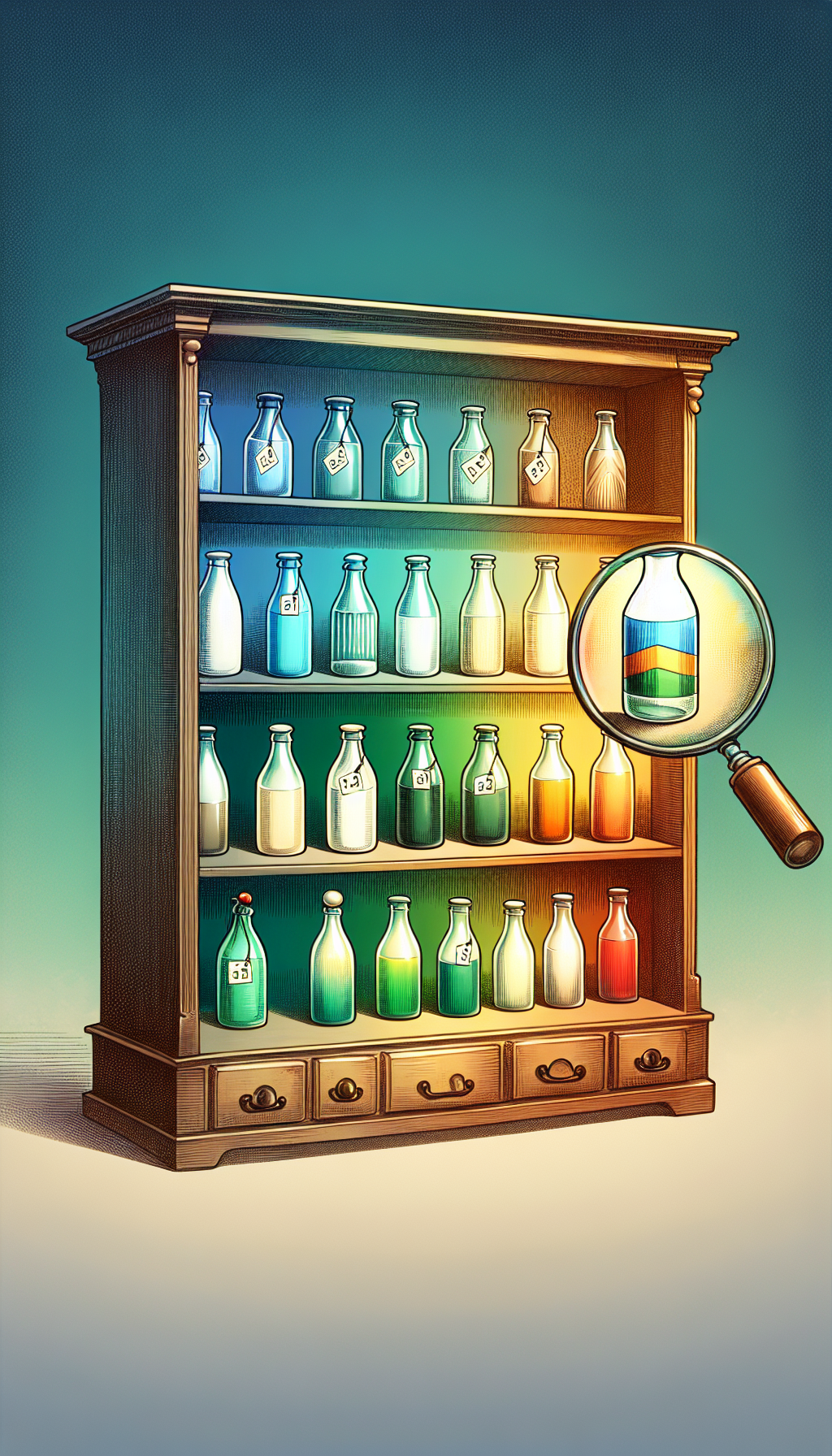 A whimsical illustration showcases a gradient-shelved display, with vintage milk bottles ascending in rarity and value from bottom to top. Each bottle is uniquely styled—art deco, retro, mid-century—emitting a soft glow to symbolize its worth. A magnifying glass hovers over the most prized at the pinnacle, focusing on a price tag that morphs into a prestigious auction hammer.