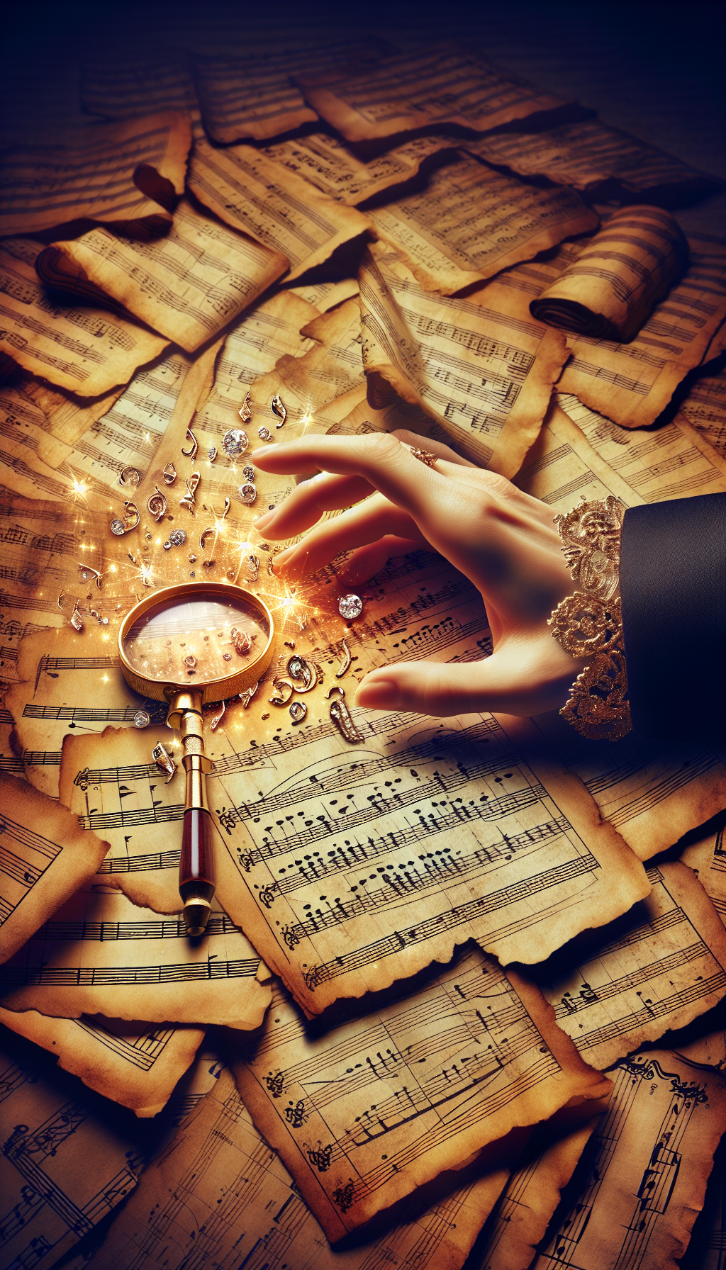 An elegant hand wearing a jeweler's loupe extends over a pile of vintage sheet music, with glimmering musical notes rising like rare gems against a backdrop of weathered parchment. Each shimmering note reflects distinct periods of music composition, symbolizing the invaluable treasures hidden within an antiquated collection. The juxtaposition of an antiquarian ambiance and radiant gemstones encapsulates the theme of rarity and value.