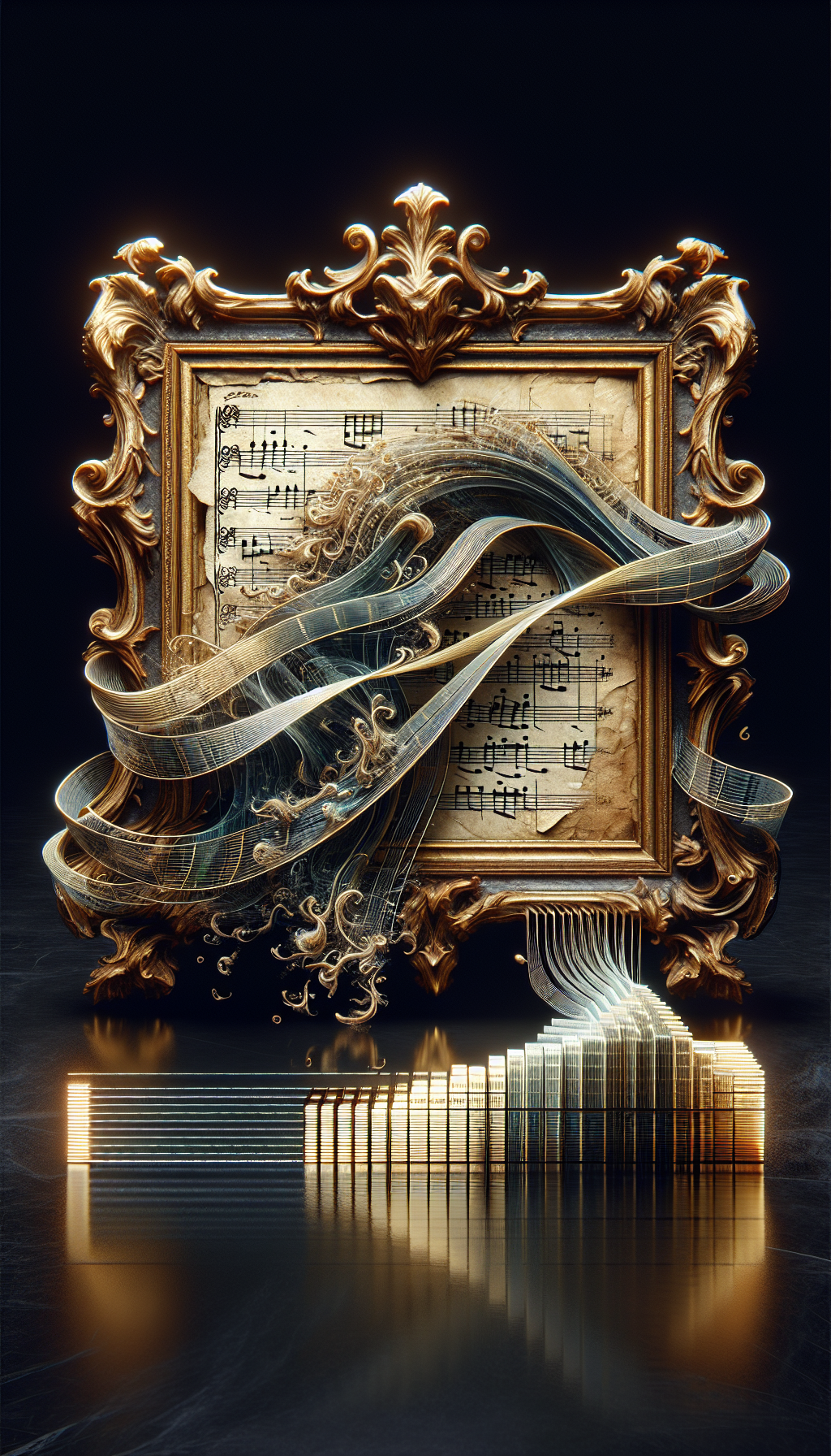 An intricate vignette of a grand, gilded baroque frame encases a faded sheet of music, where notes transform into delicate, sweeping flourishes and tendrils, suggesting their timeless beauty. At the base, a shimmering, translucent strip akin to an auctioneer's gavel reflects values in ascending script, subtly highlighting the sheet's appreciating worth across the ages, from past to present.