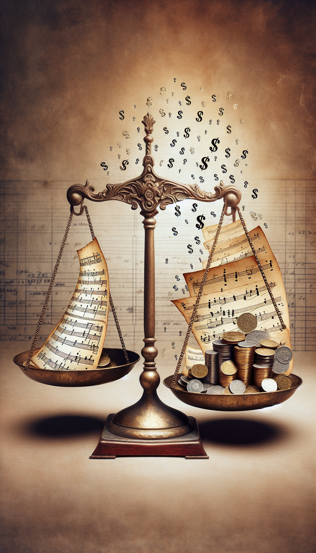 An antique scale balances a stack of timeworn sheet music on one side and a pile of golden coins and banknotes on the other, with delicate musical notes wafting towards the sky and turning into tiny dollar signs. The backdrop features a translucent ledger line, subtly hinting at the scores' transition into their monetary equivalent.