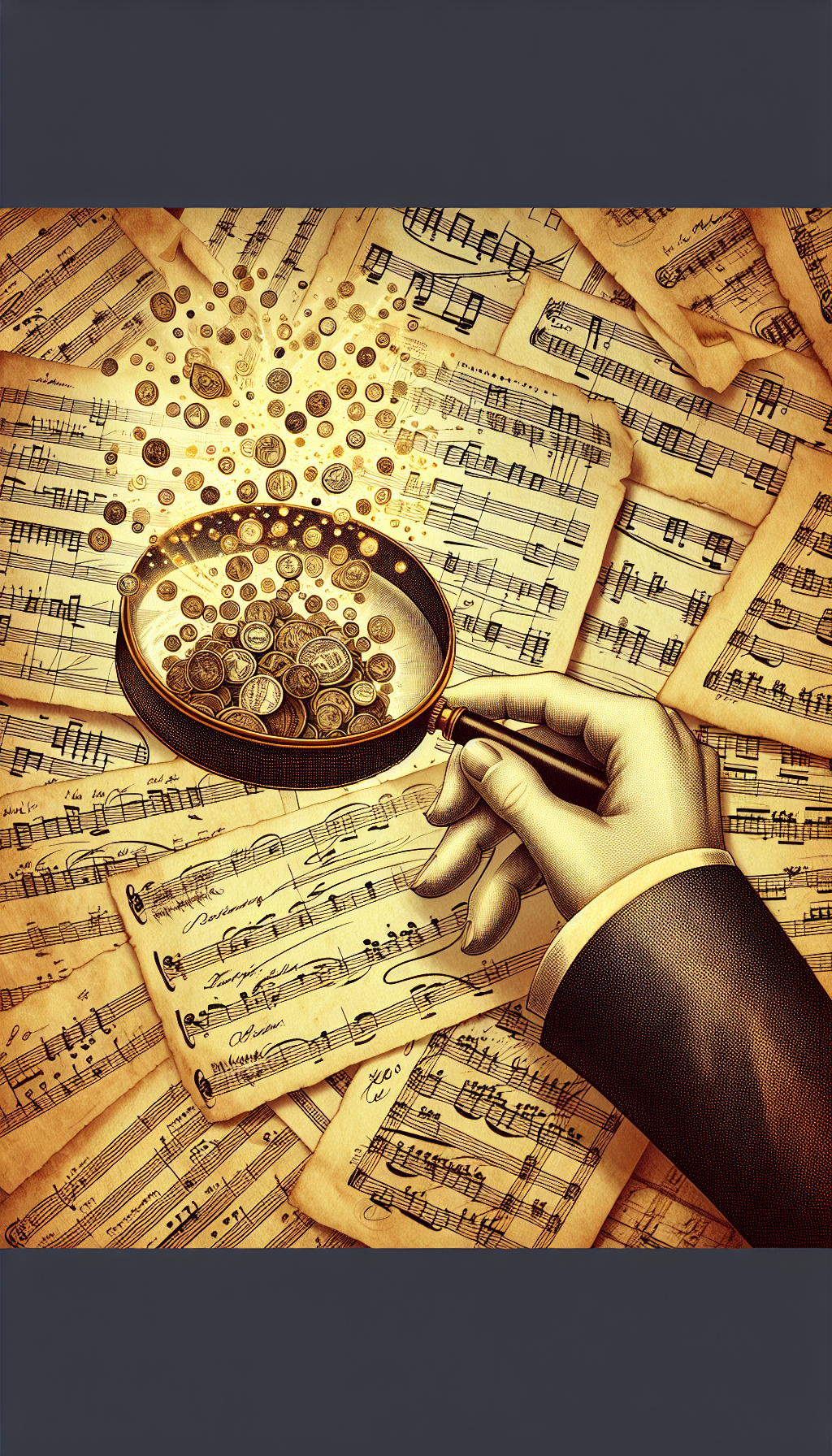 A vintage, sepia-toned illustration displaying an elegant hand holding a magnifying glass over scattered sheet music sheets. The sheets transition from sepia to vibrant hues as they pass under the glass, highlighting famous composers' signatures and indicating their increased value. Various musical notes float upward, morphing into miniature gold coins, symbolizing the sheet music's growing monetary worth affected by popularity and artist influence.