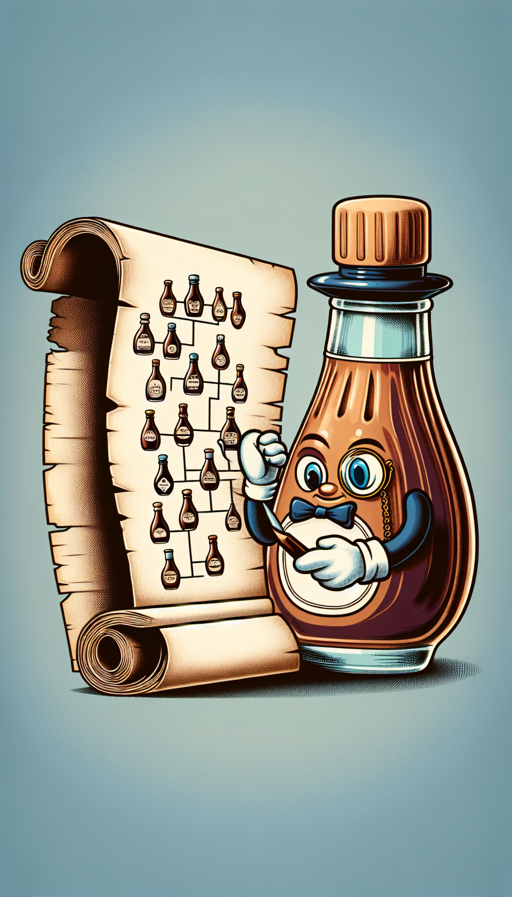 A whimsical vignette of an anthropomorphic syrup bottle adorned with a monocle and bow tie, perusing a tattered family tree scroll that unfurls to reveal nested images of progressively older syrup bottles. Each ancestor bottle glimmers with increasing value, represented by intricate etchings and labels, as well as a subtle radiance, symbolizing their age and rarity.