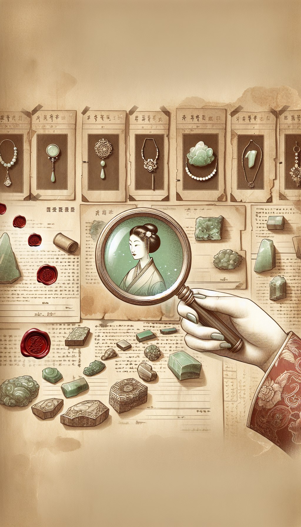 A whimsical, sepia-toned illustration depicts a magnifying glass held by an antique-dressed hand, with intricate jade jewelry pieces lined like a path beneath. Each jewel transitions in style, reflecting its unique historical era. In the background, faded documents with red seals float, symbolizing the journey of provenance as the cornerstone of jade appraisal.