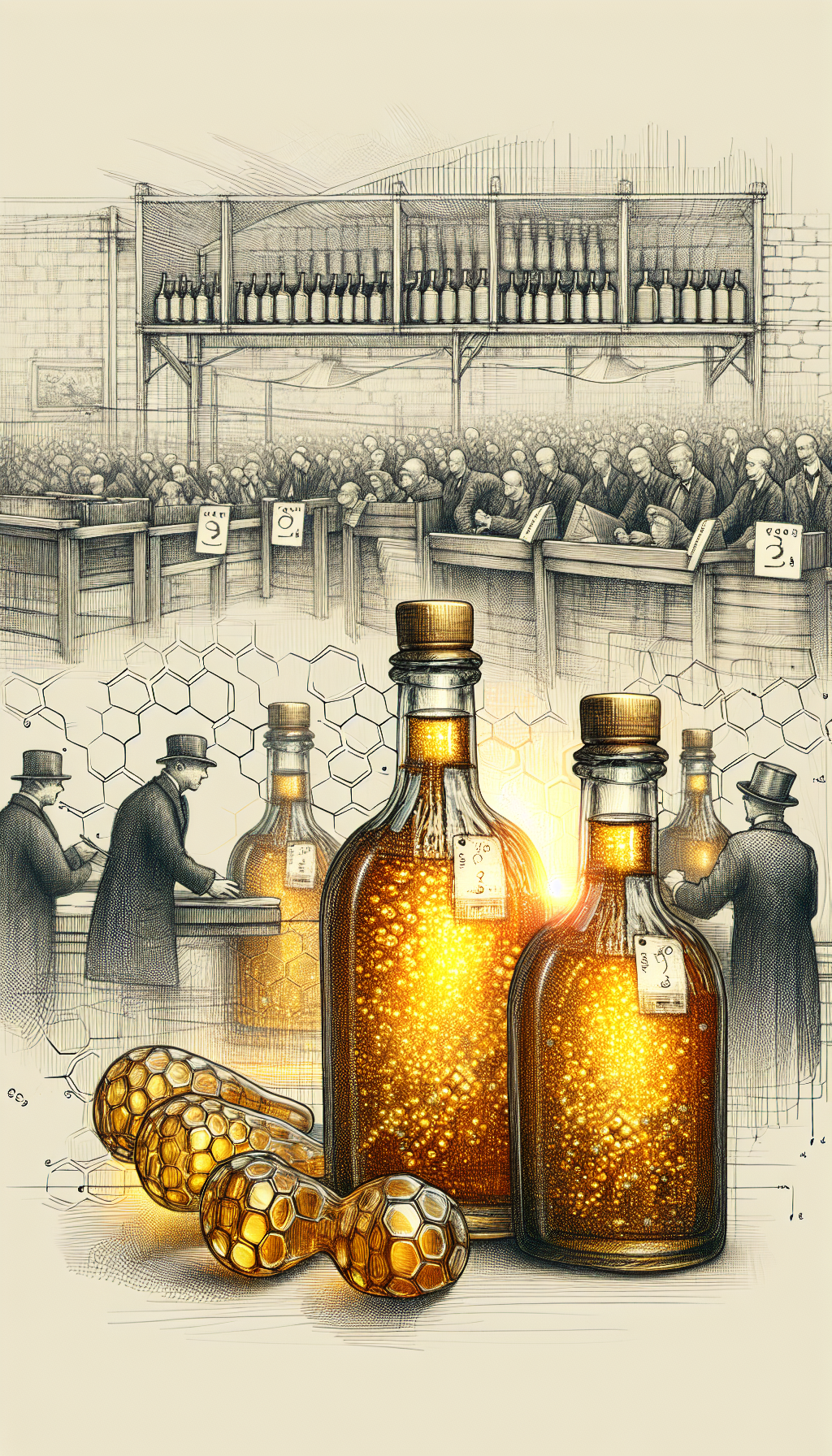 A richly textured illustration portraying a cluster of antique syrup bottles in golden hues as if filled with shimmering liquid gold. One bottle is magnified, showing a price tag with an exorbitant sum, underscored by a bustling auction scene in the background—highlighting their rarity and value. Amidst the bottles, a transparent honeycomb pattern subtly symbolizes the sweet treasure they hold.