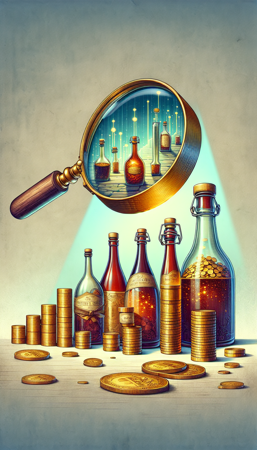 An illustration depicts an antique appraisal scene, where a magnifying glass looms over a line of old syrup bottles, each reflecting a different condition level from pristine to cracked. Beneath the glass, the bottles metamorphose into a bar chart, their heights representing their values, with gleaming golden coins stacked beside the most pristine bottle to convey its high valuation.