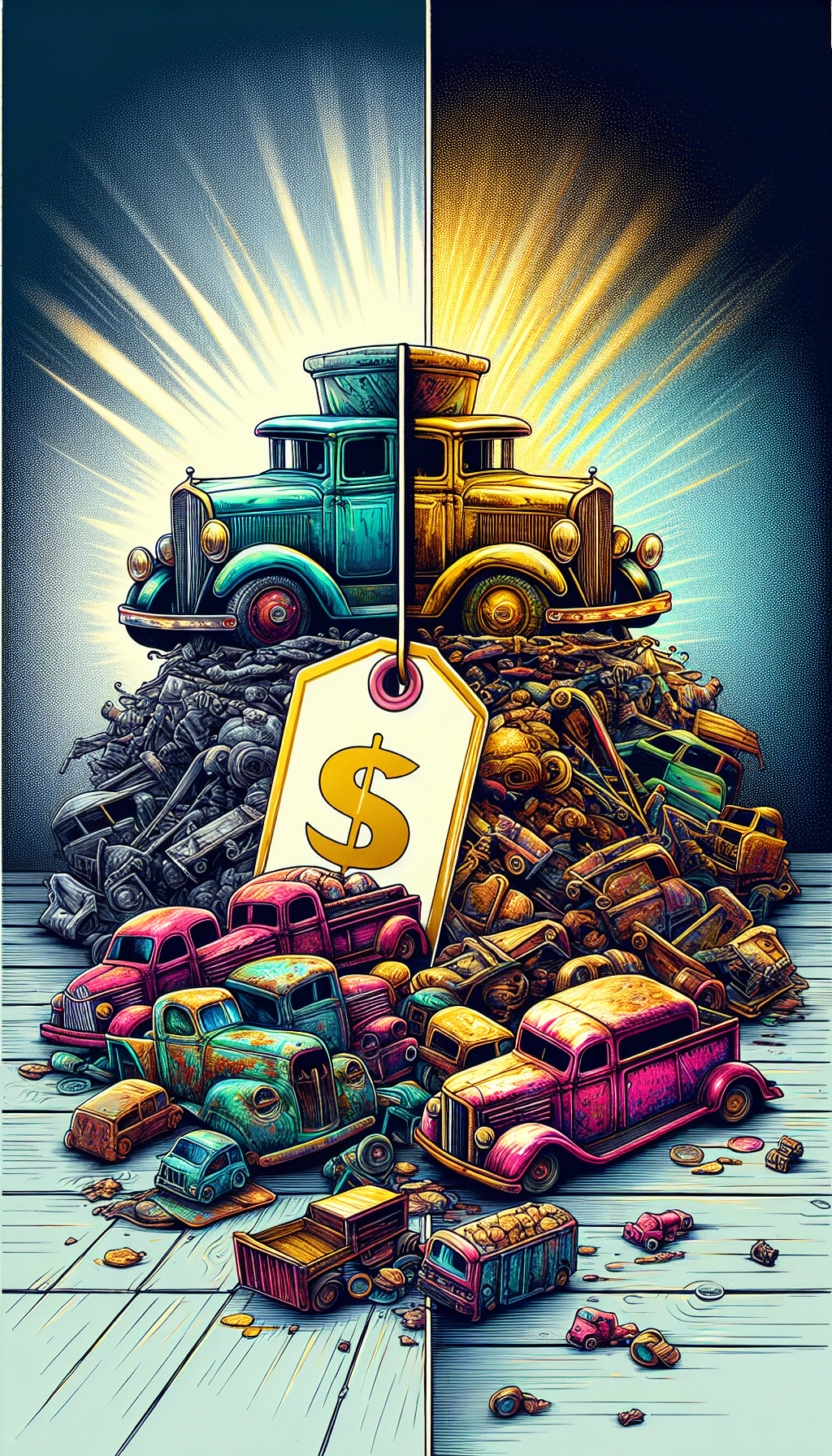 A vibrant, split-style illustration showcases on one side a rusty, forgotten pile of Tonka trucks and on the other, a gleaming auction room where those same toys, now restored, fetch a fortune. A shimmering price tag bridges both scenes, symbolizing the transformative journey from Rust to Riches.