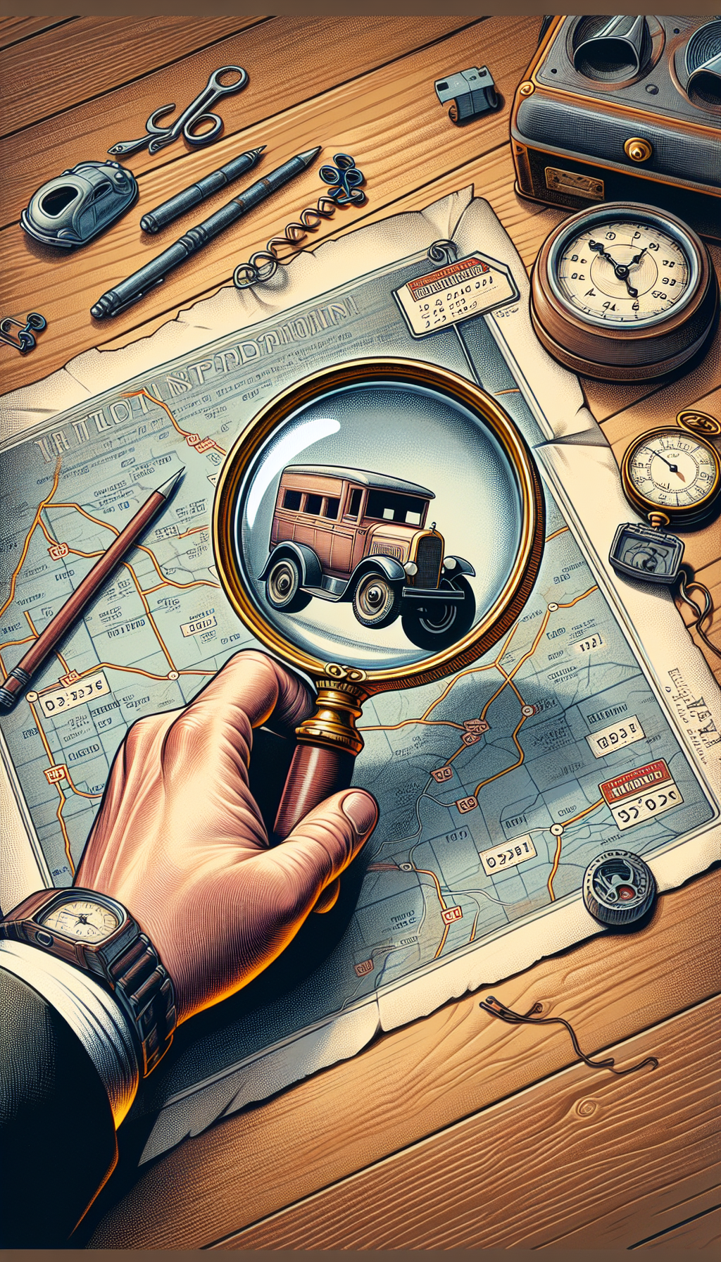 An illustration focuses on an antique magnifying glass hovering over a faded roadmap with key dates and price tags emerging along its route. In the lens reflection, we see a mint-condition vintage Tonka truck. The magnifying glass is held by a toy collector's hand, embellished with a vintage watch, hinting at the passage of time and the ageless value of Tonka toys.