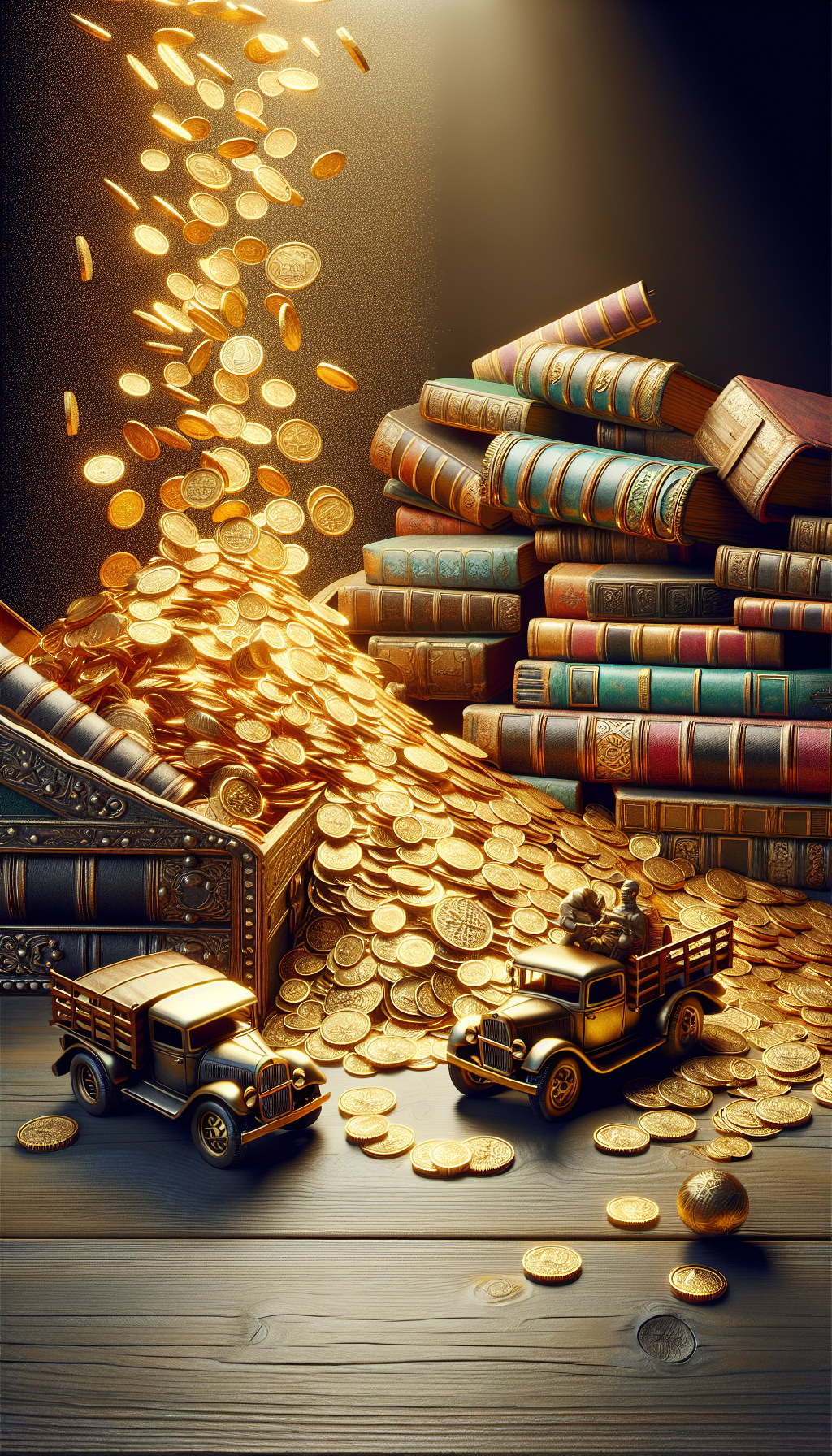 An eclectic treasure trove spills open, with gilded antique books unfurling into a cascade of gold coins, amidst which vintage Tonka toy trucks are perched, as if hauling riches. The image is a blend of line art for the toys, contrasting with photorealistic glowing coins and ornately textured rare book spines, symbolizing the merging of tangible memories and their unforeseen wealth.