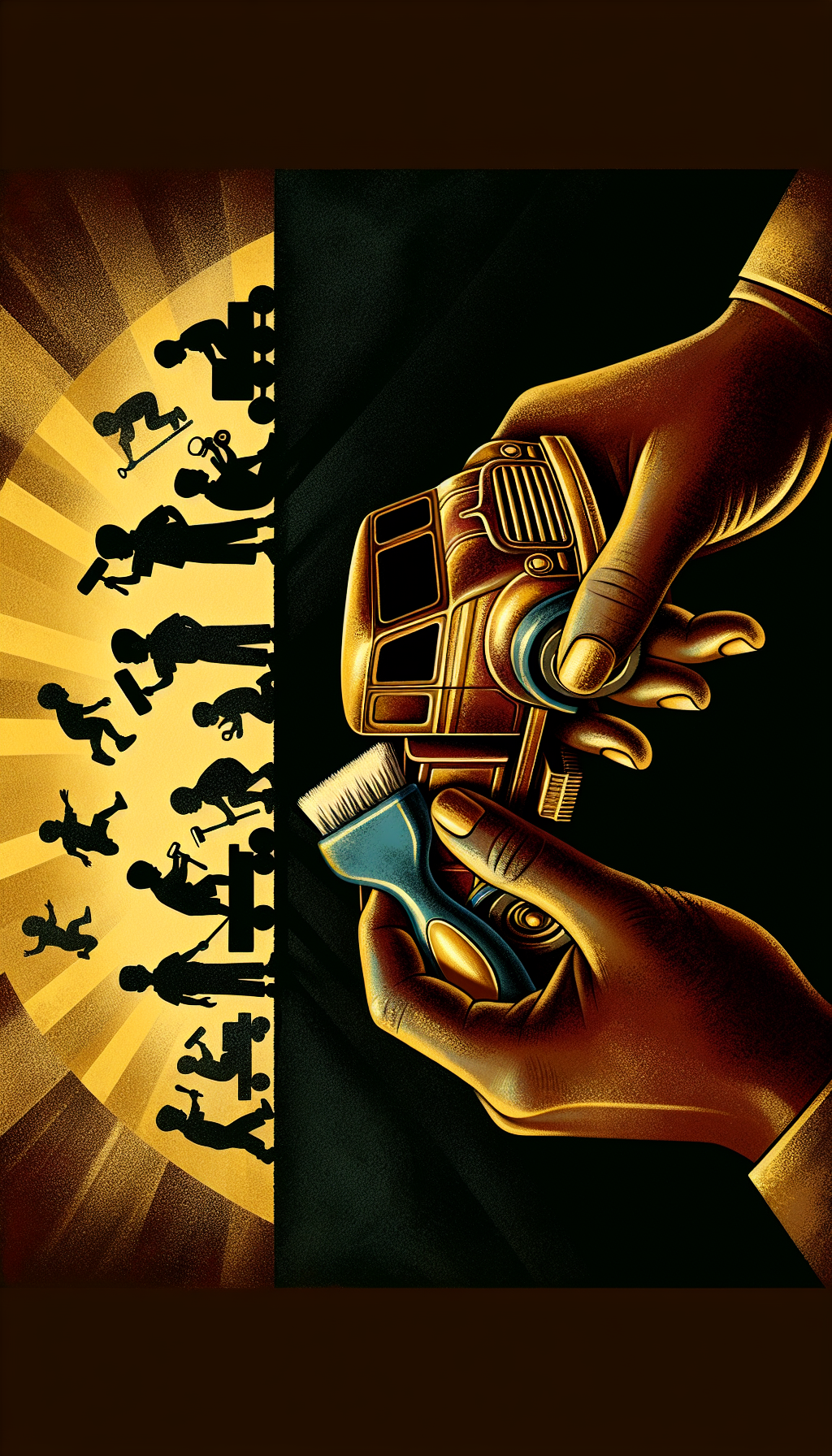 An illustration showcasing a vintage, slightly rusted Tonka truck being lovingly polished by a pair of hands. In the background, silhouettes of children playing with pristine versions of the same truck cast against the shimmering golden glint of a price tag, symbolizing the hidden value in restoring these cherished playtime legends.